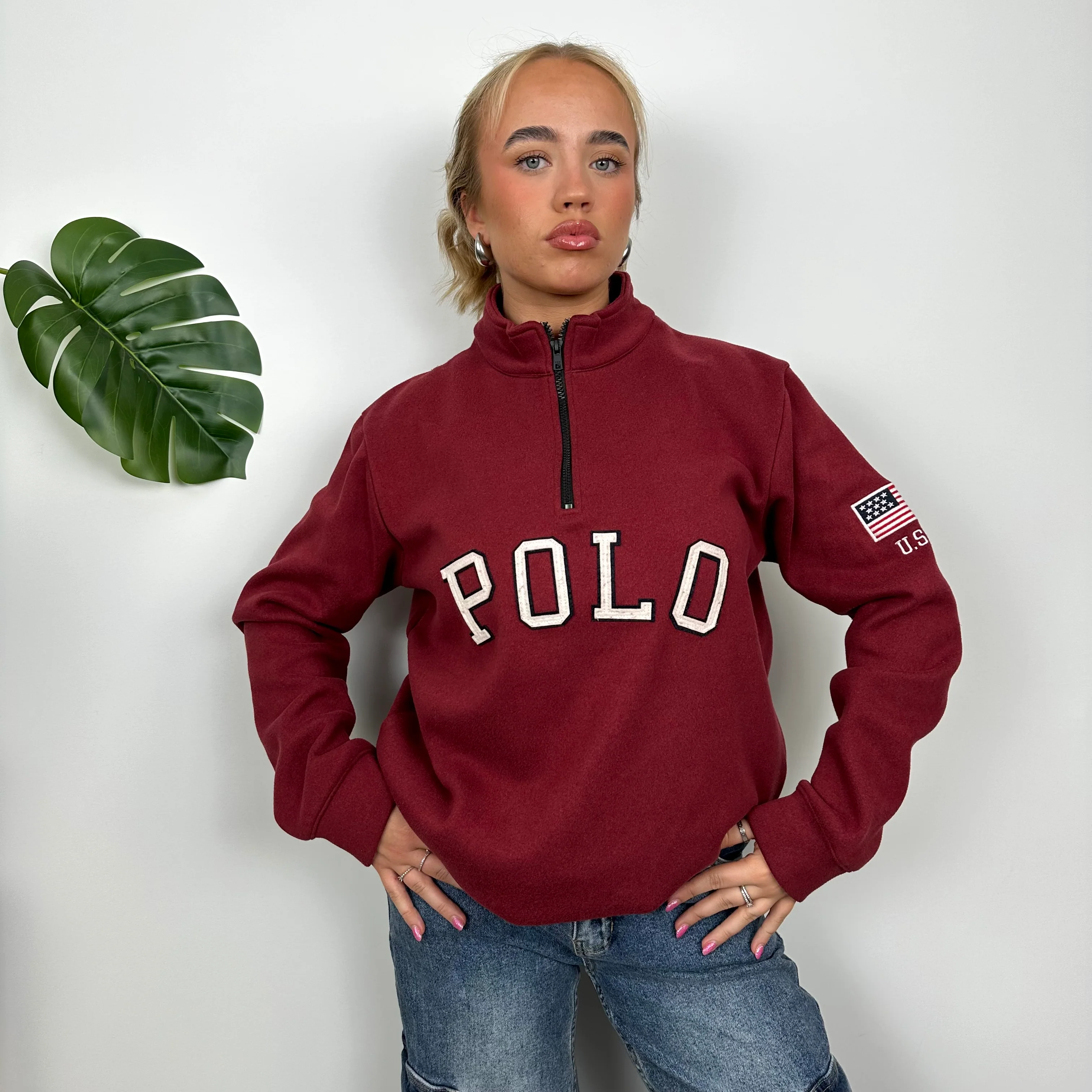 Polo Ralph Lauren Maroon Embroidered Spell Out Fleece Quarter Zip (L) - Image 3