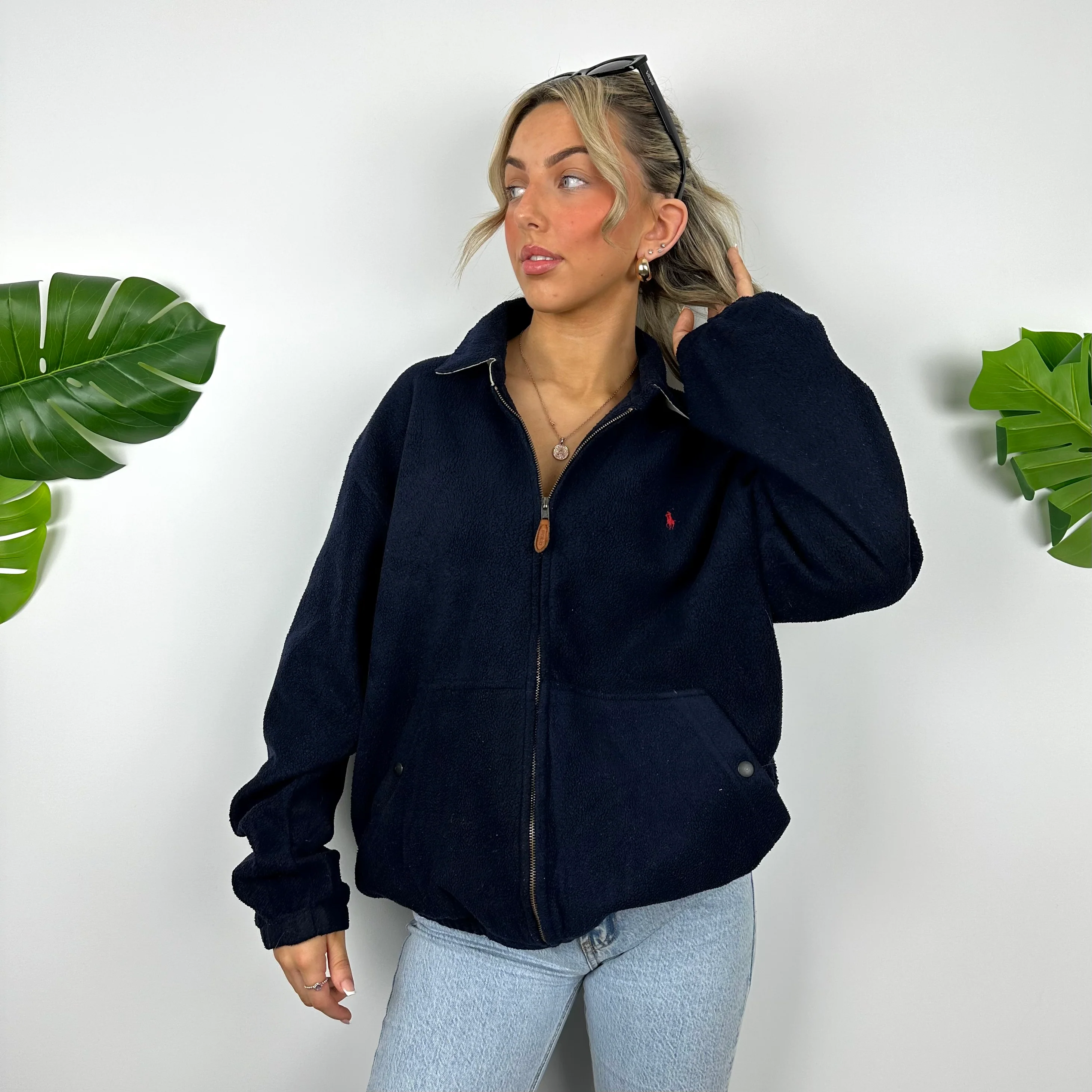 Polo Ralph Lauren Navy Embroidered Logo Teddy Bear Fleece Zip Up Jacket (M)