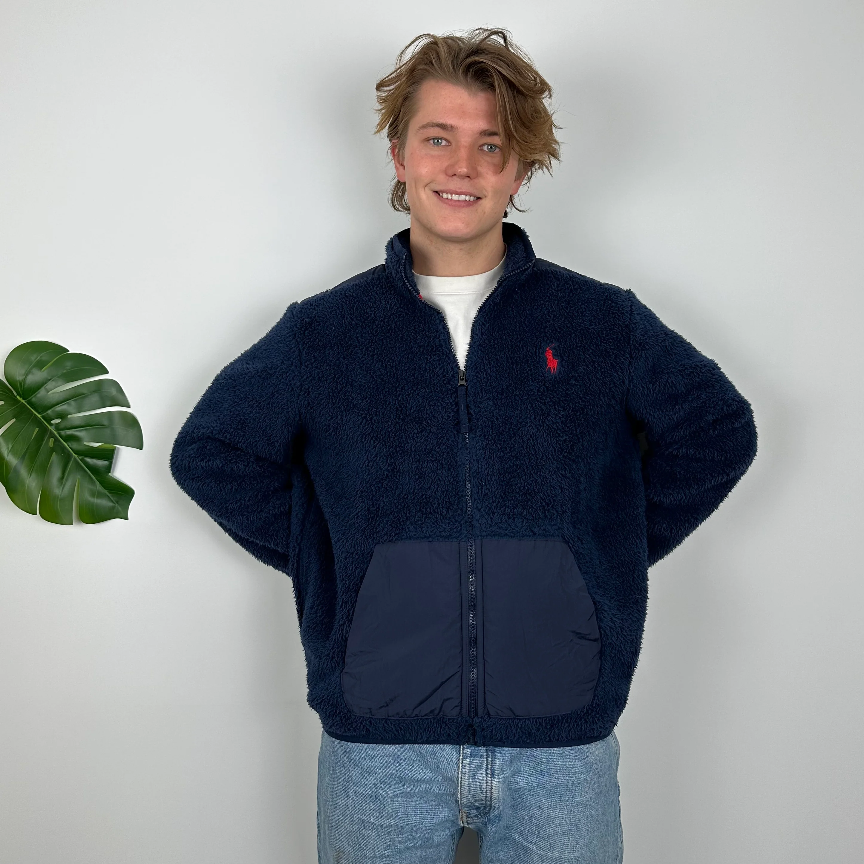 Polo Ralph Lauren Navy Embroidered Logo Teddy Bear Fleece Zip Up Jacket (L) - Image 2