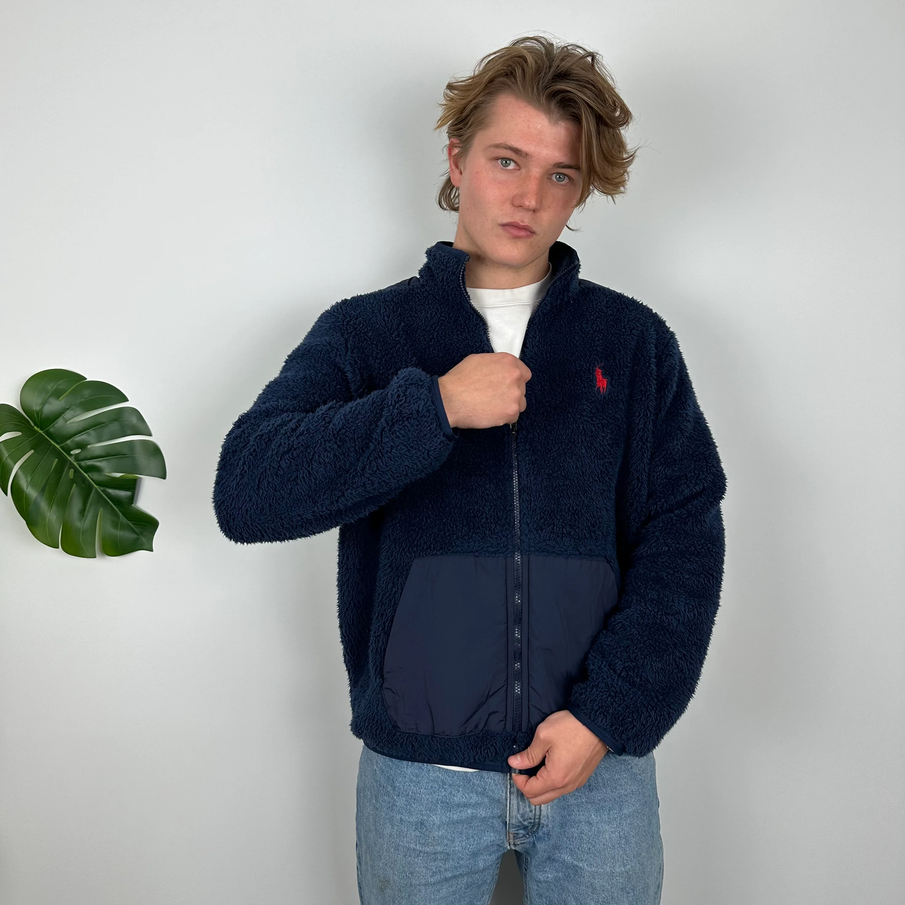 Polo Ralph Lauren Navy Embroidered Logo Teddy Bear Fleece Zip Up Jacket (L) - Image 3