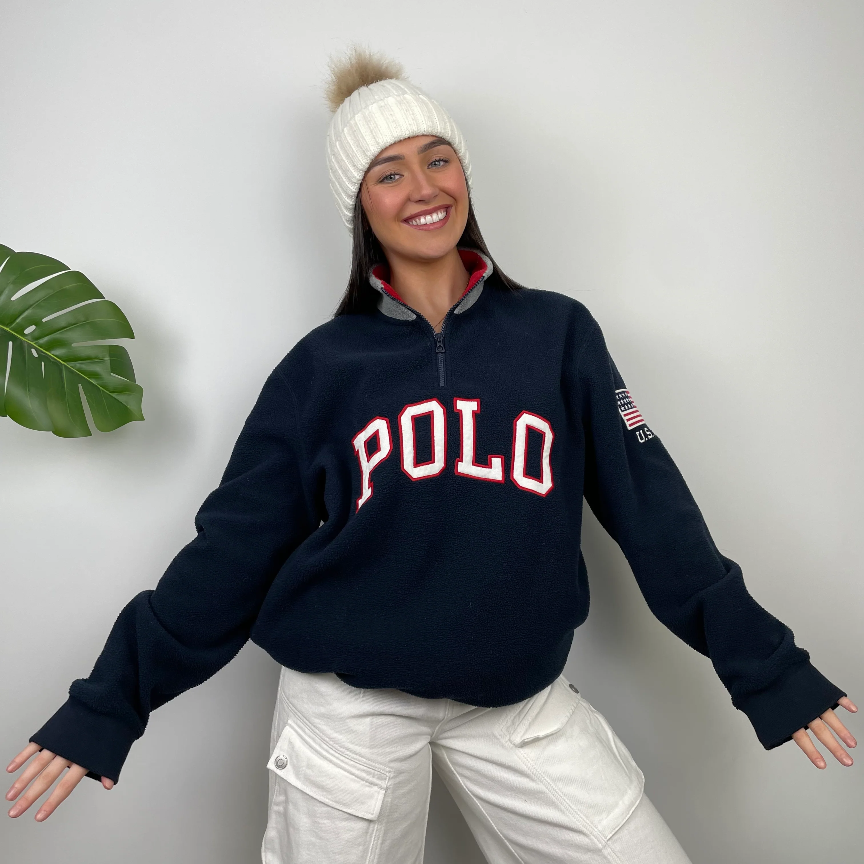 Polo Ralph Lauren Navy Embroidered Spell Out Fleece Quarter Zip (M) - Image 2