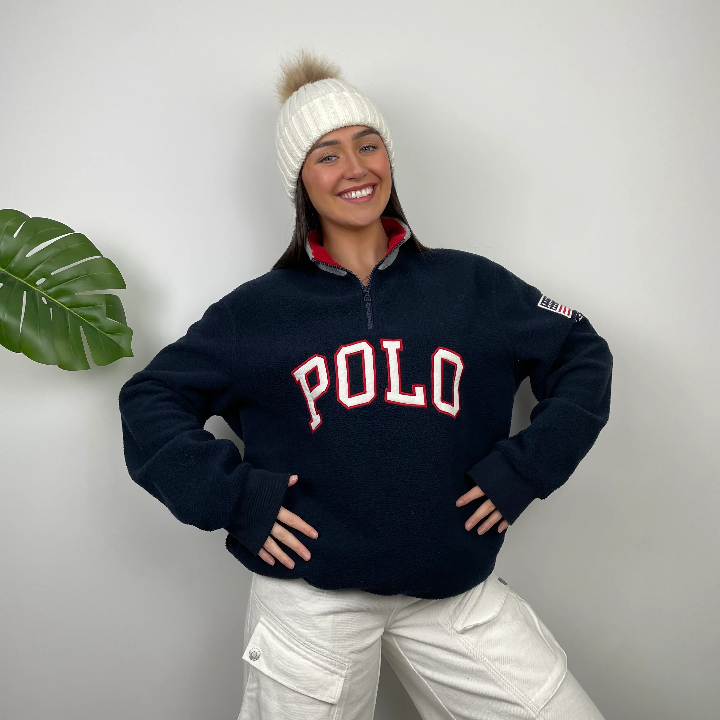 Polo Ralph Lauren Navy Embroidered Spell Out Fleece Quarter Zip (M) - Image 3