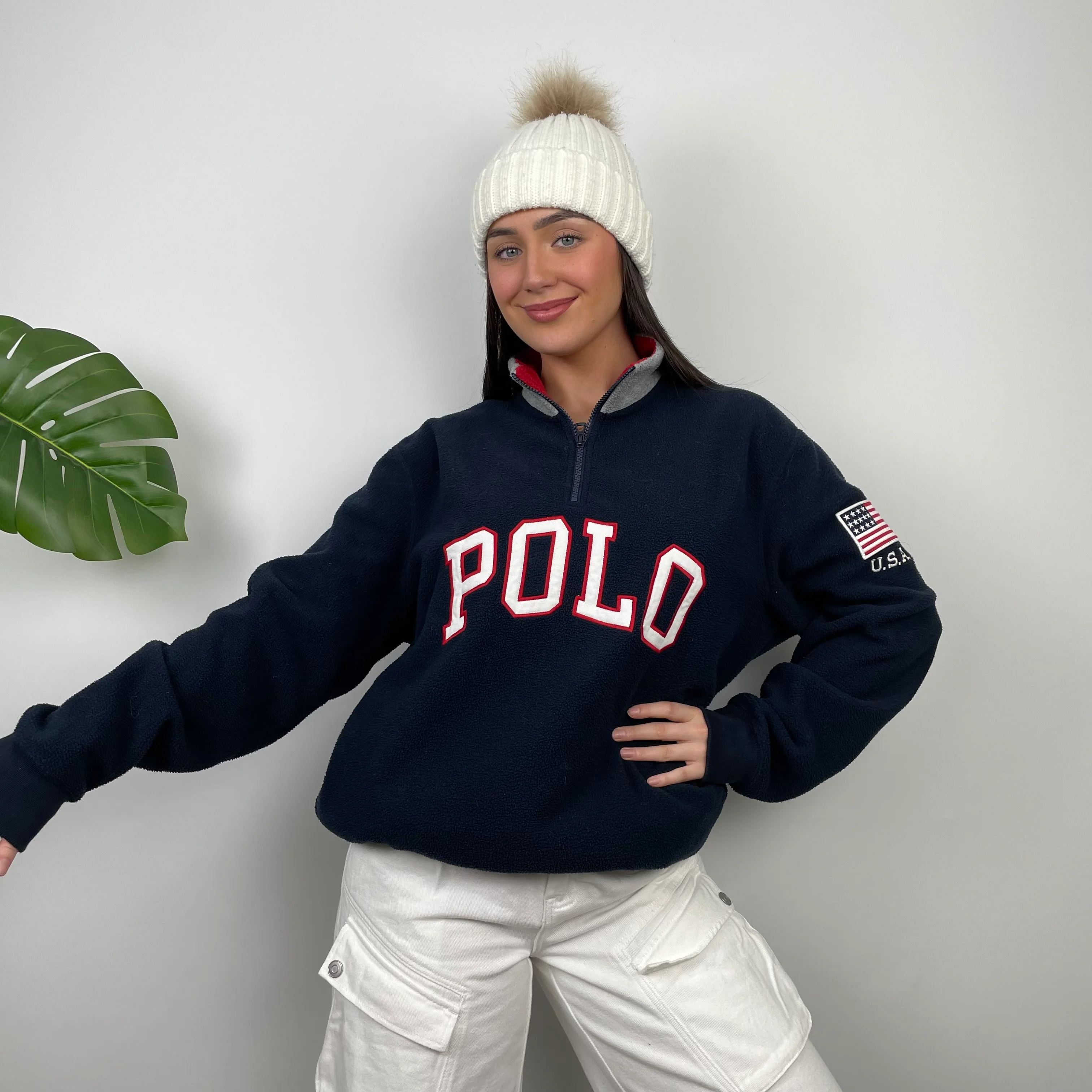 Polo Ralph Lauren Navy Embroidered Spell Out Fleece Quarter Zip (M) - Image 9