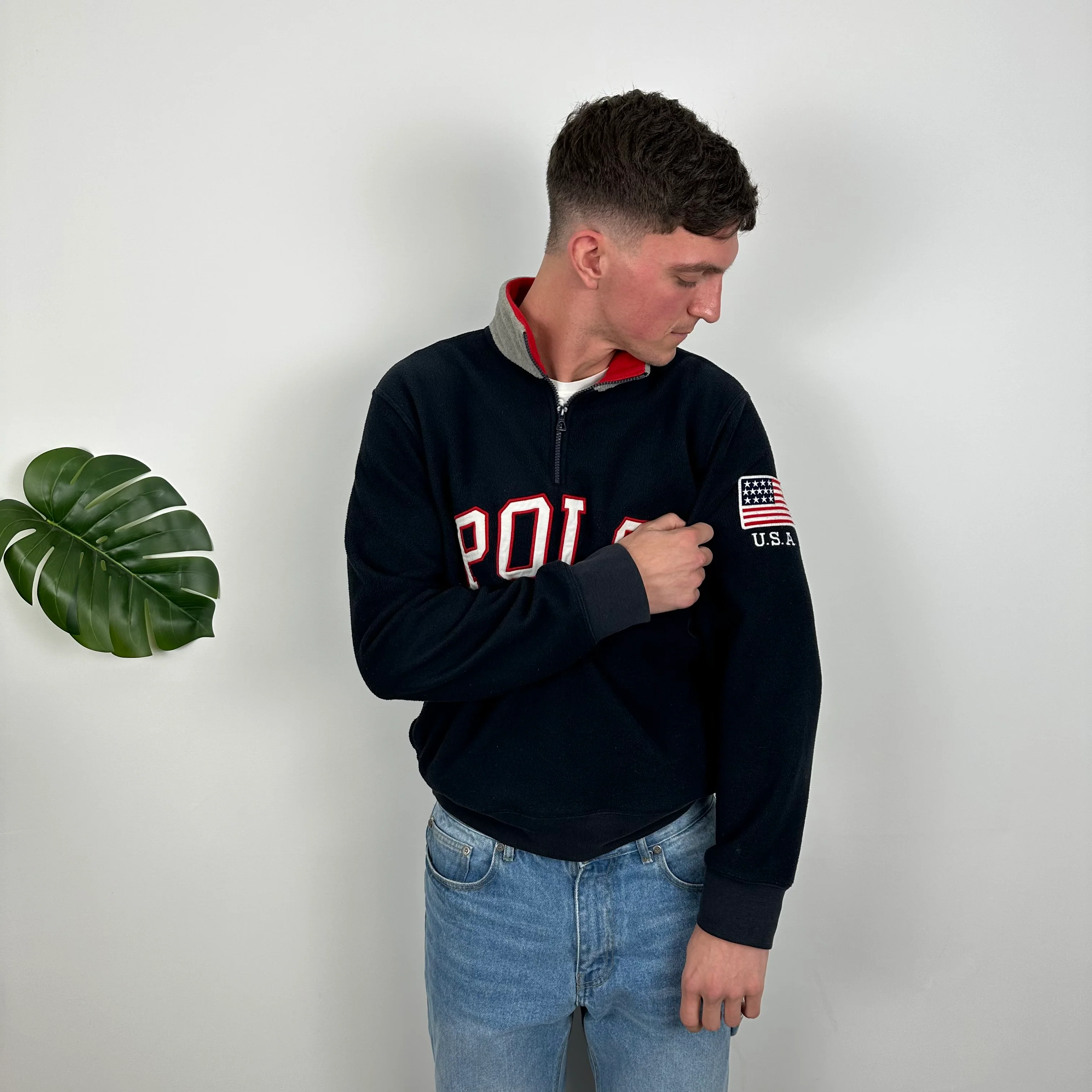 Polo Ralph Lauren Navy Embroidered Spell Out Fleece Quarter Zip (M) - Image 3