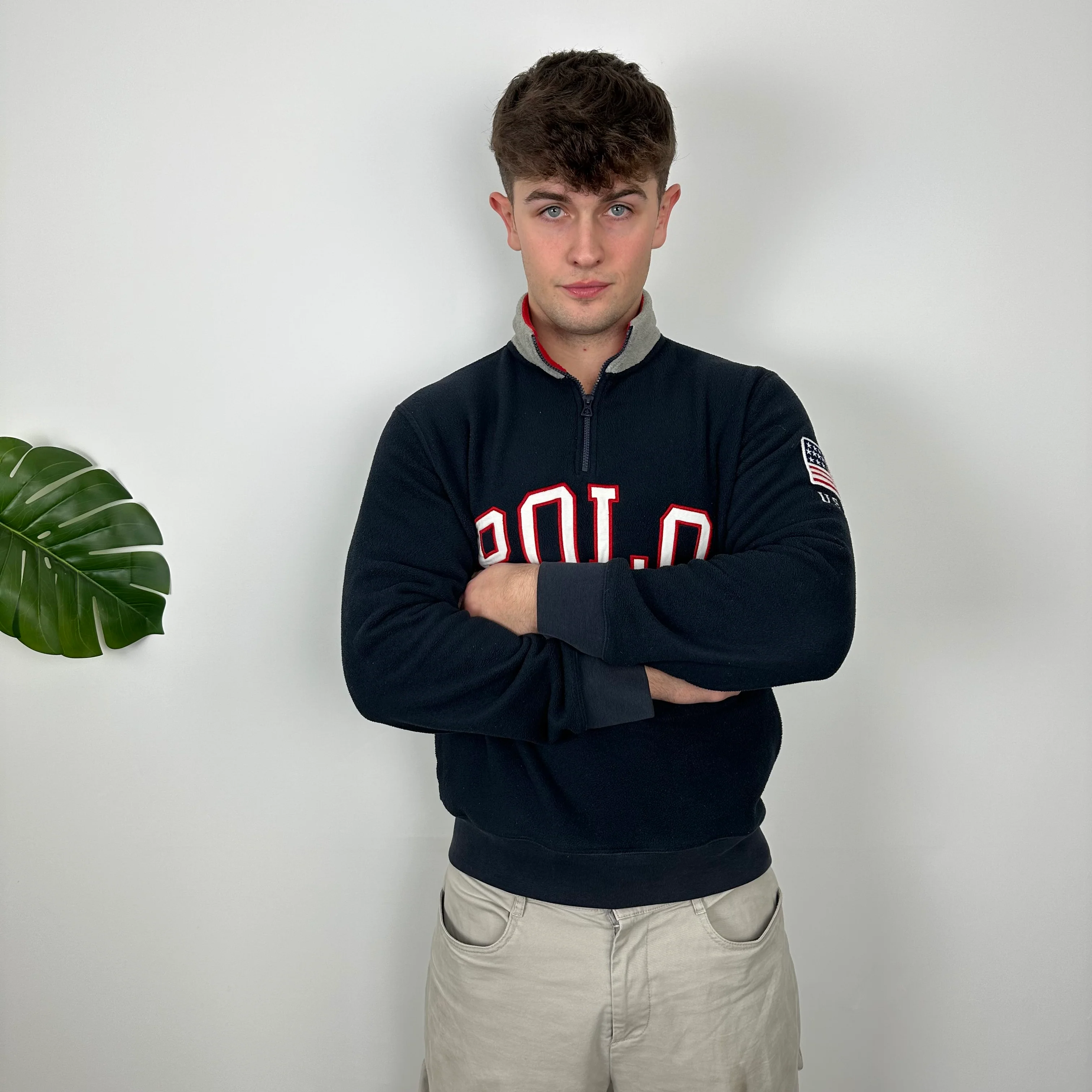 Polo Ralph Lauren Navy Embroidered Spell Out Fleece Quarter Zip (M) - Image 3