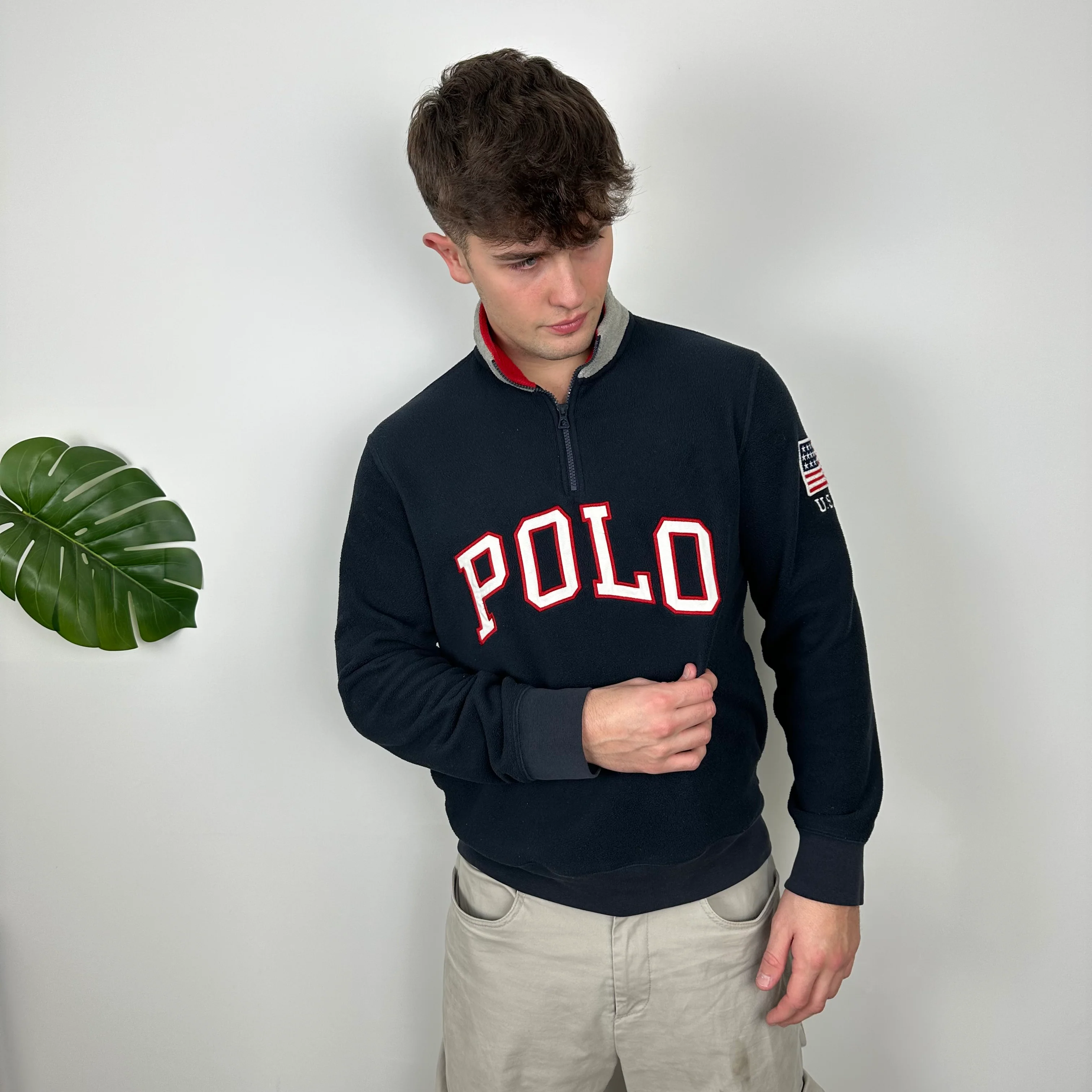 Polo Ralph Lauren Navy Embroidered Spell Out Fleece Quarter Zip (M) - Image 4