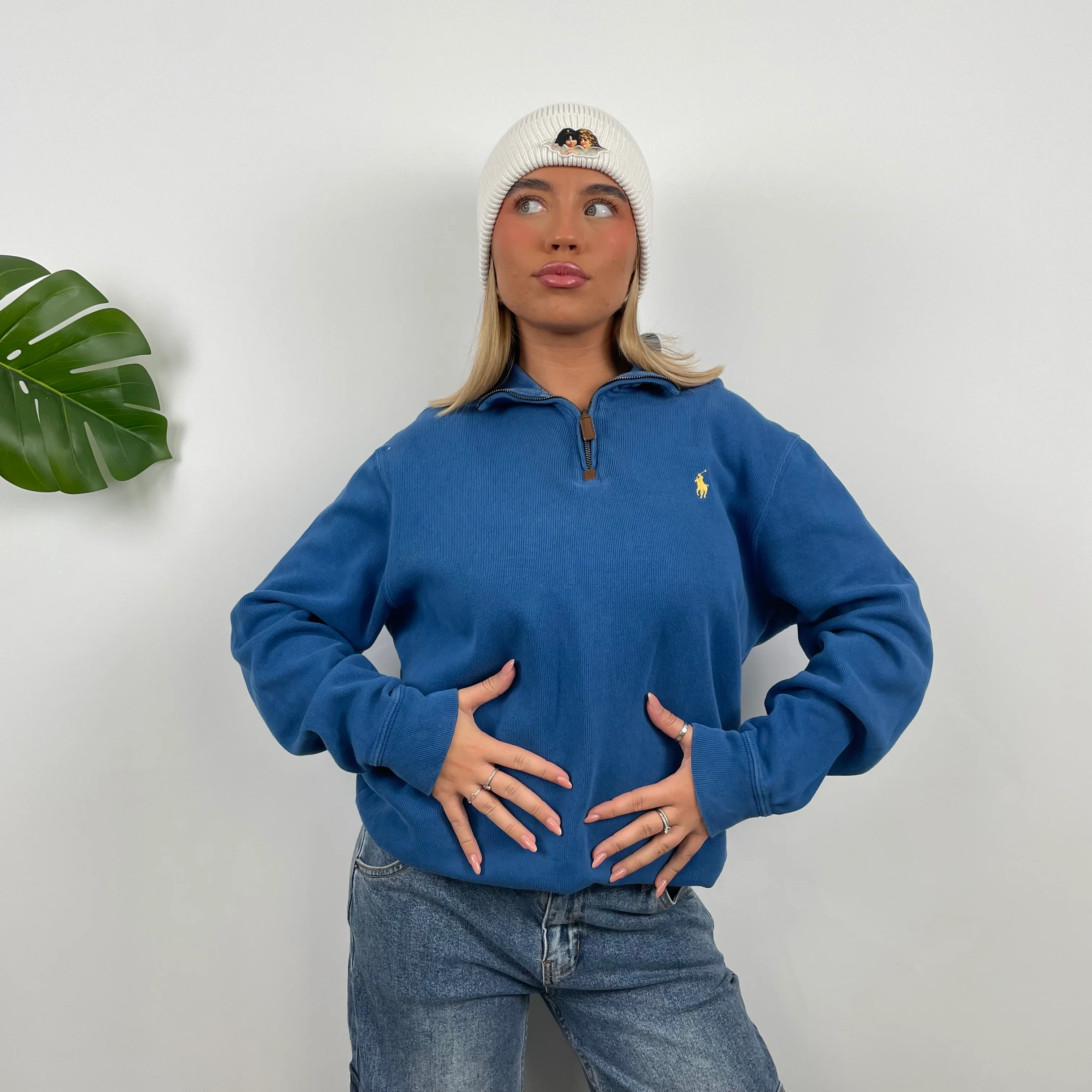 Polo Ralph Lauren RARE Blue Embroidered Logo Quarter Zip Sweatshirt (M) - Image 2
