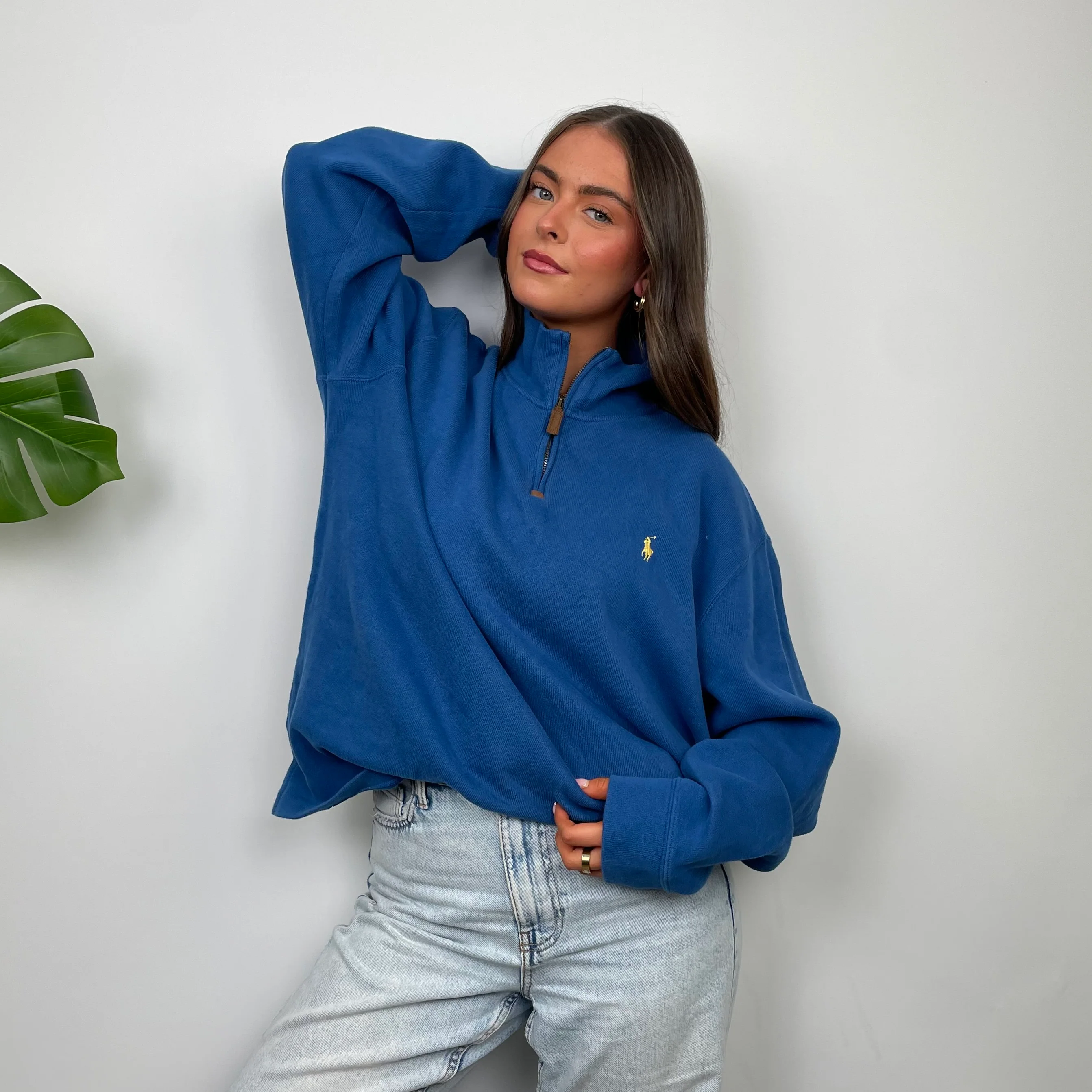 Polo Ralph Lauren RARE Blue Embroidered Logo Quarter Zip Sweatshirt (XL) - Image 2