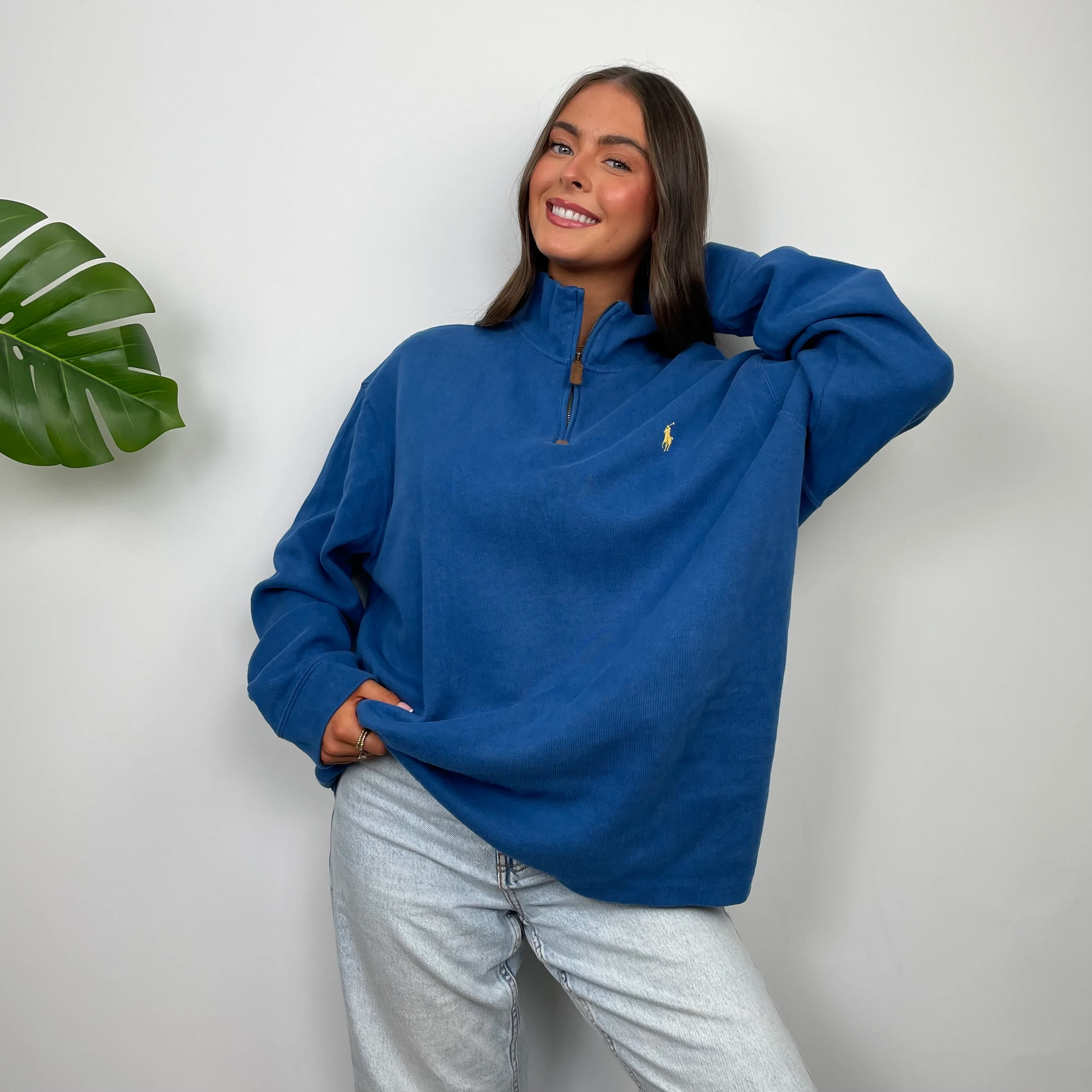 Polo Ralph Lauren RARE Blue Embroidered Logo Quarter Zip Sweatshirt (XL) - Image 3