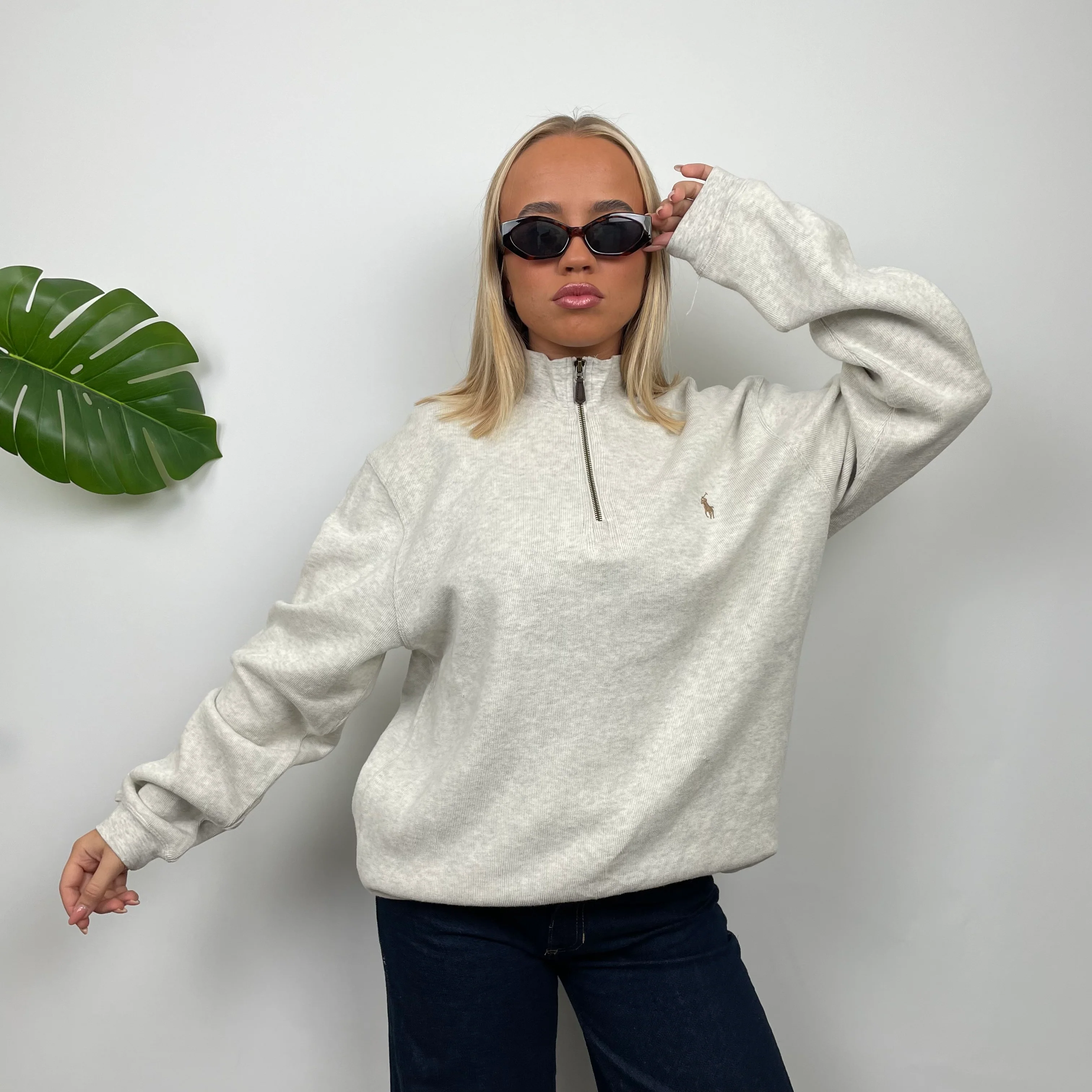 Polo Ralph Lauren RARE Grey Embroidered Logo Quarter Zip Sweatshirt (L) - Image 3