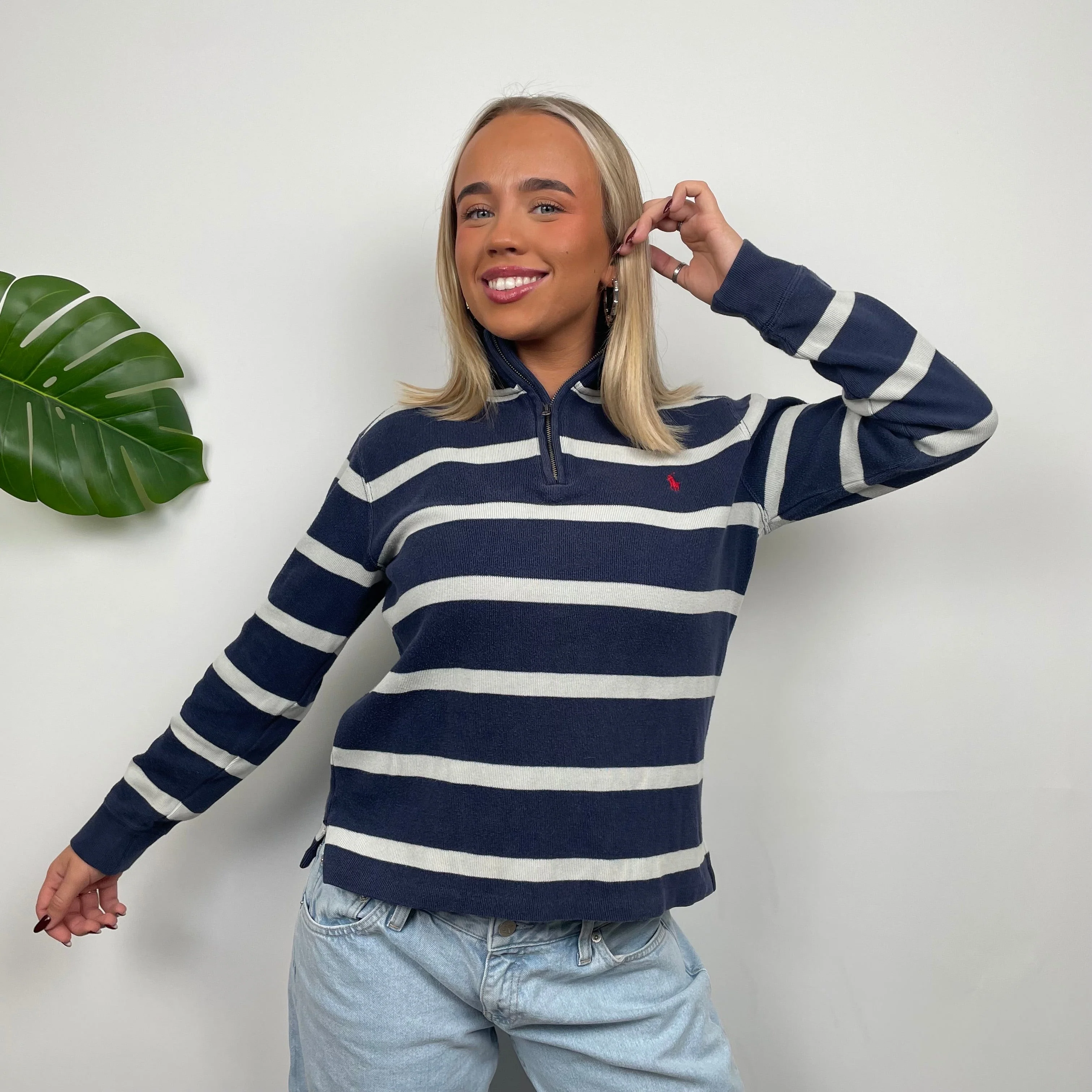 Polo Ralph Lauren RARE White & Navy Striped Embroidered Logo Quarter Zip Sweatshirt (S) - Image 2