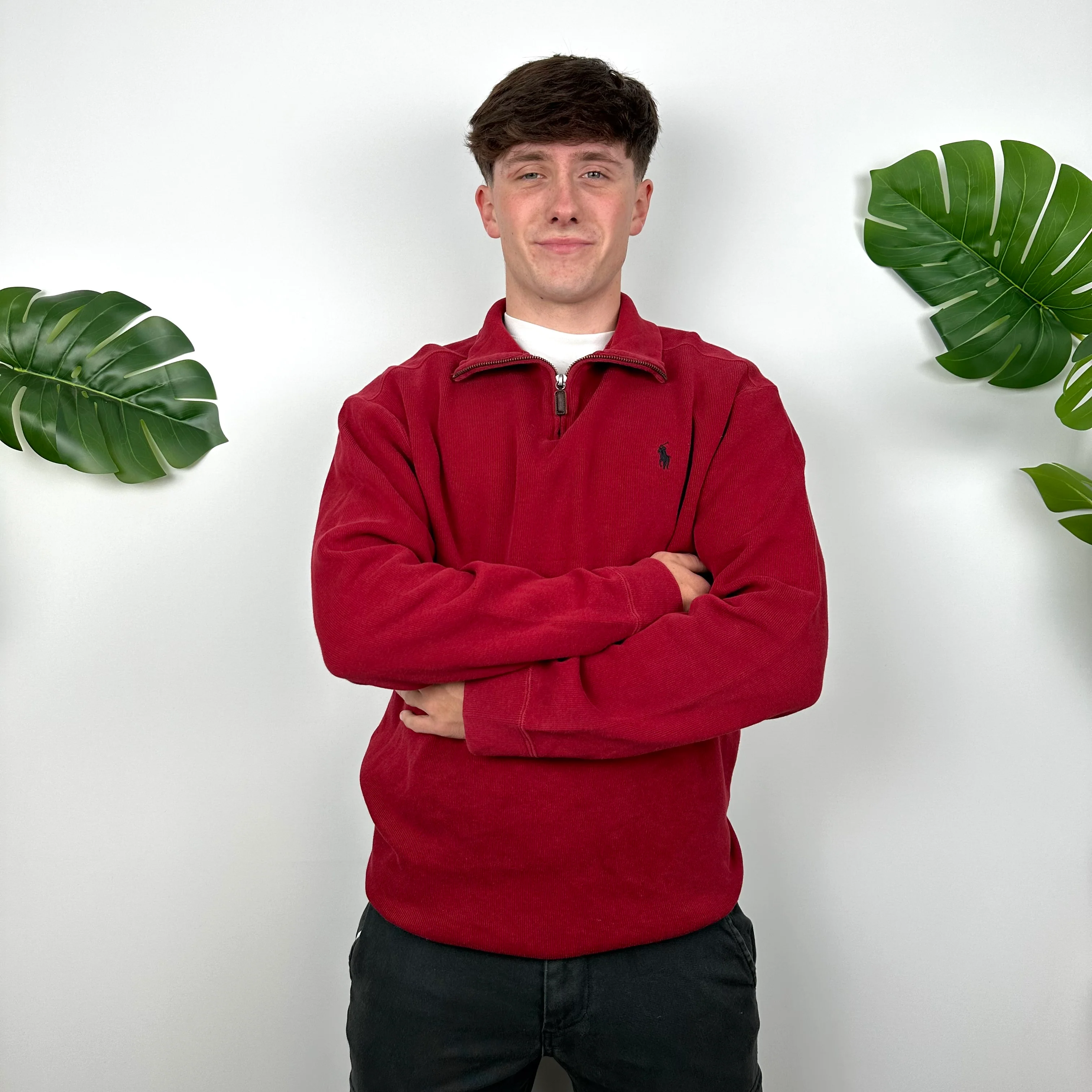 Polo Ralph Lauren Red Embroidered Logo Quarter Zip Sweatshirt (L) - Image 2