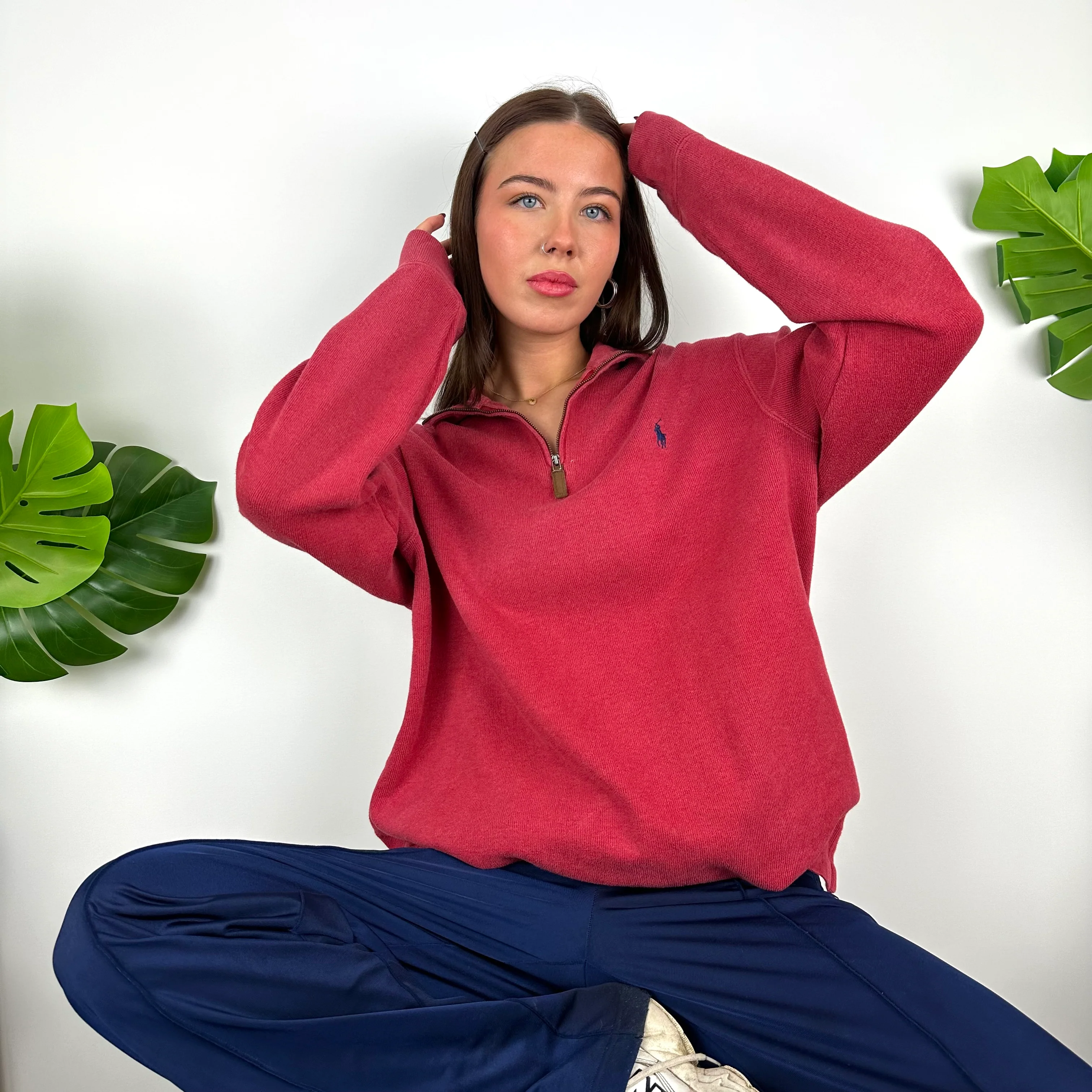 Polo Ralph Lauren Red Embroidered Logo Quarter Zip Sweatshirt (L) - Image 6