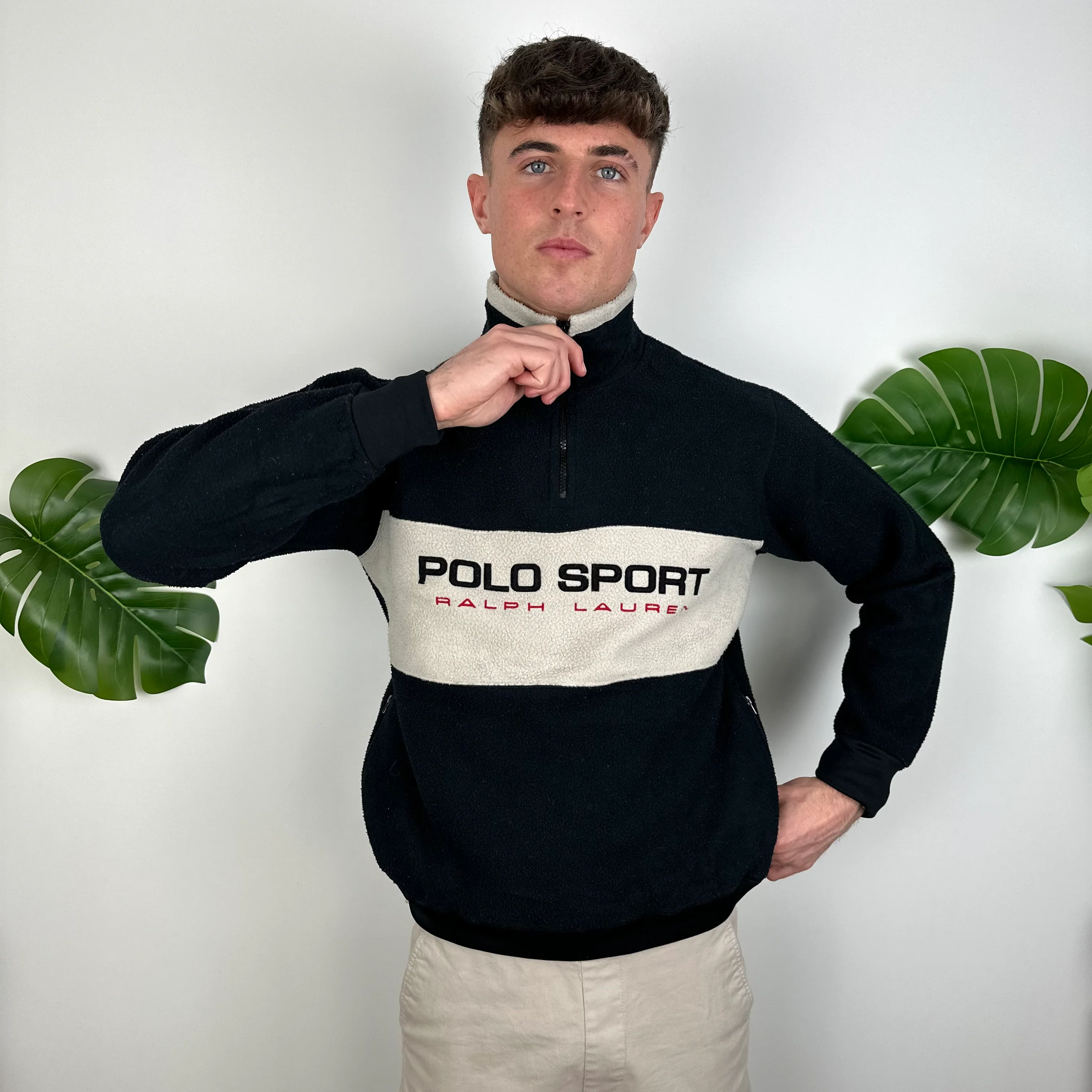 Polo Ralph Lauren Sport Black Embroidered Spell Out Teddy Bear Fleece Quarter Zip Sweatshirt (S) - Image 2
