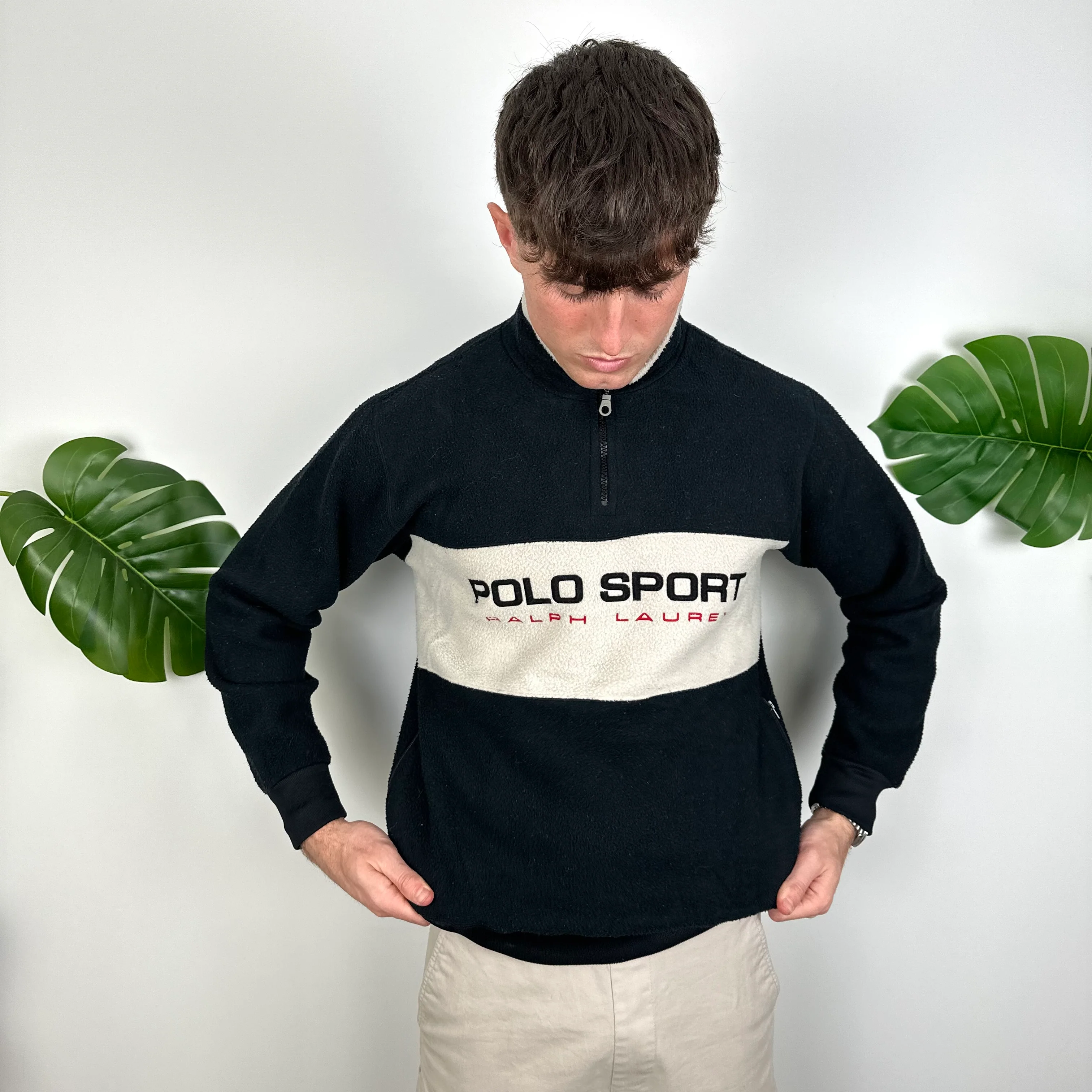 Polo Ralph Lauren Sport Black Embroidered Spell Out Teddy Bear Fleece Quarter Zip Sweatshirt (S) - Image 3