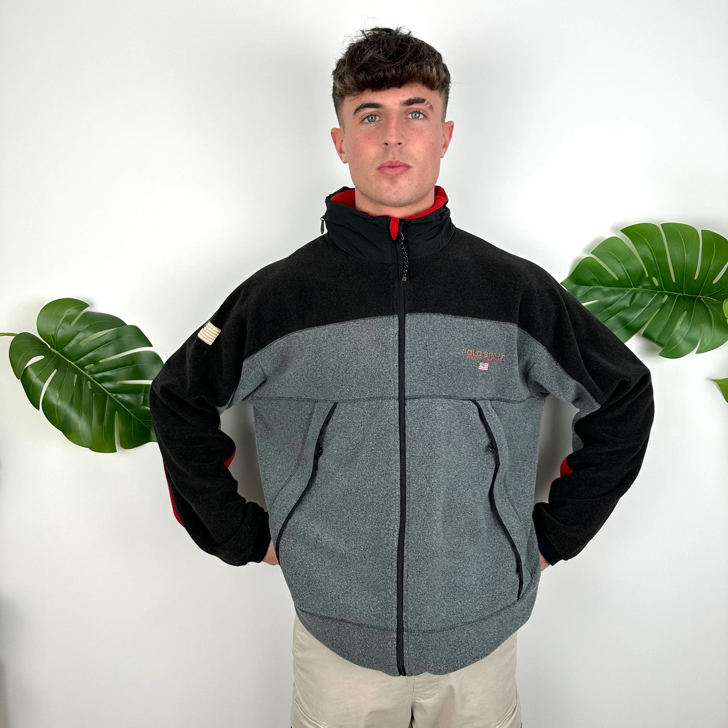 Polo Ralph Lauren Sport Grey & Black Embroidered Spell Out Teddy Bear Fleece Zip Up Jacket (XL)