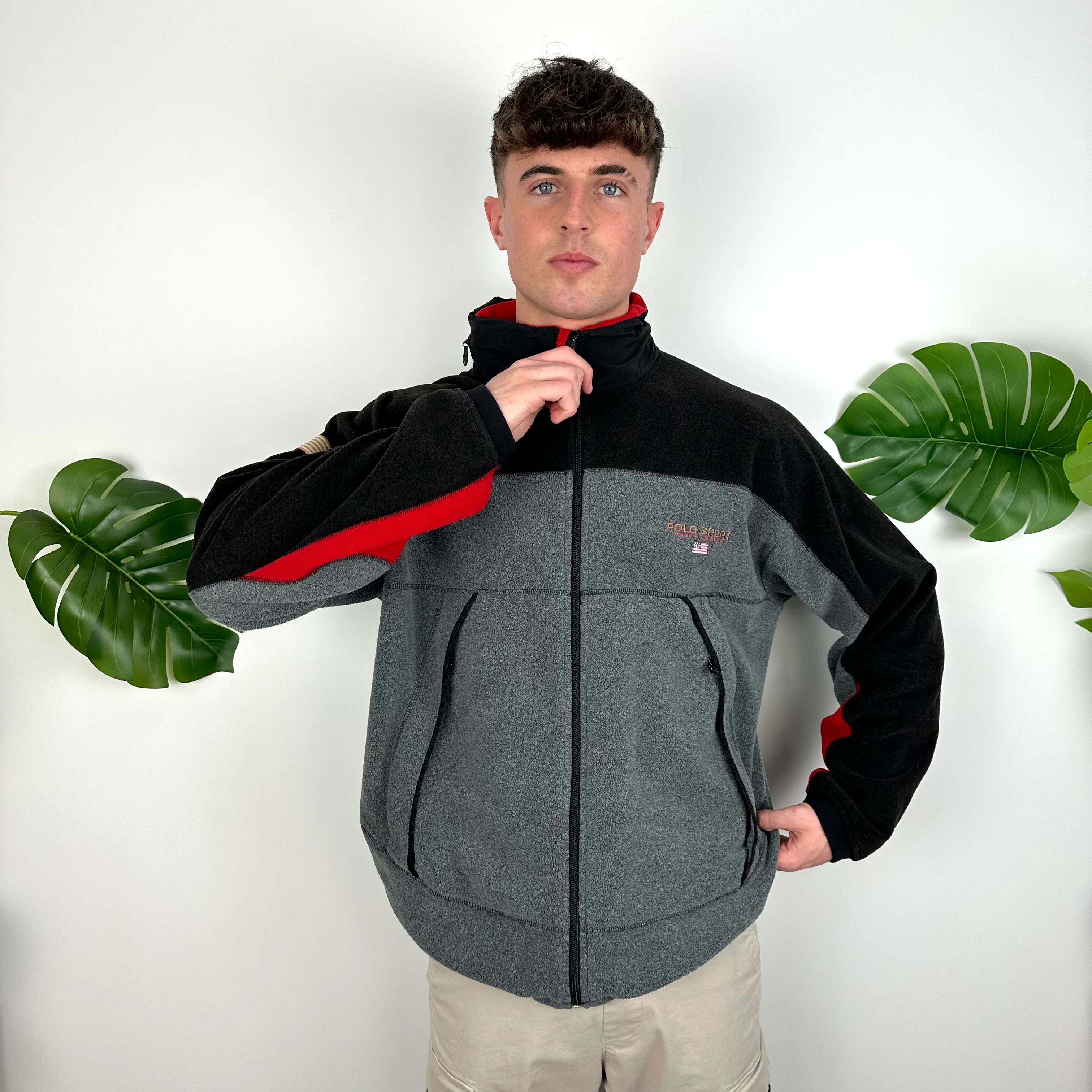 Polo Ralph Lauren Sport Grey & Black Embroidered Spell Out Teddy Bear Fleece Zip Up Jacket (XL) - Image 2