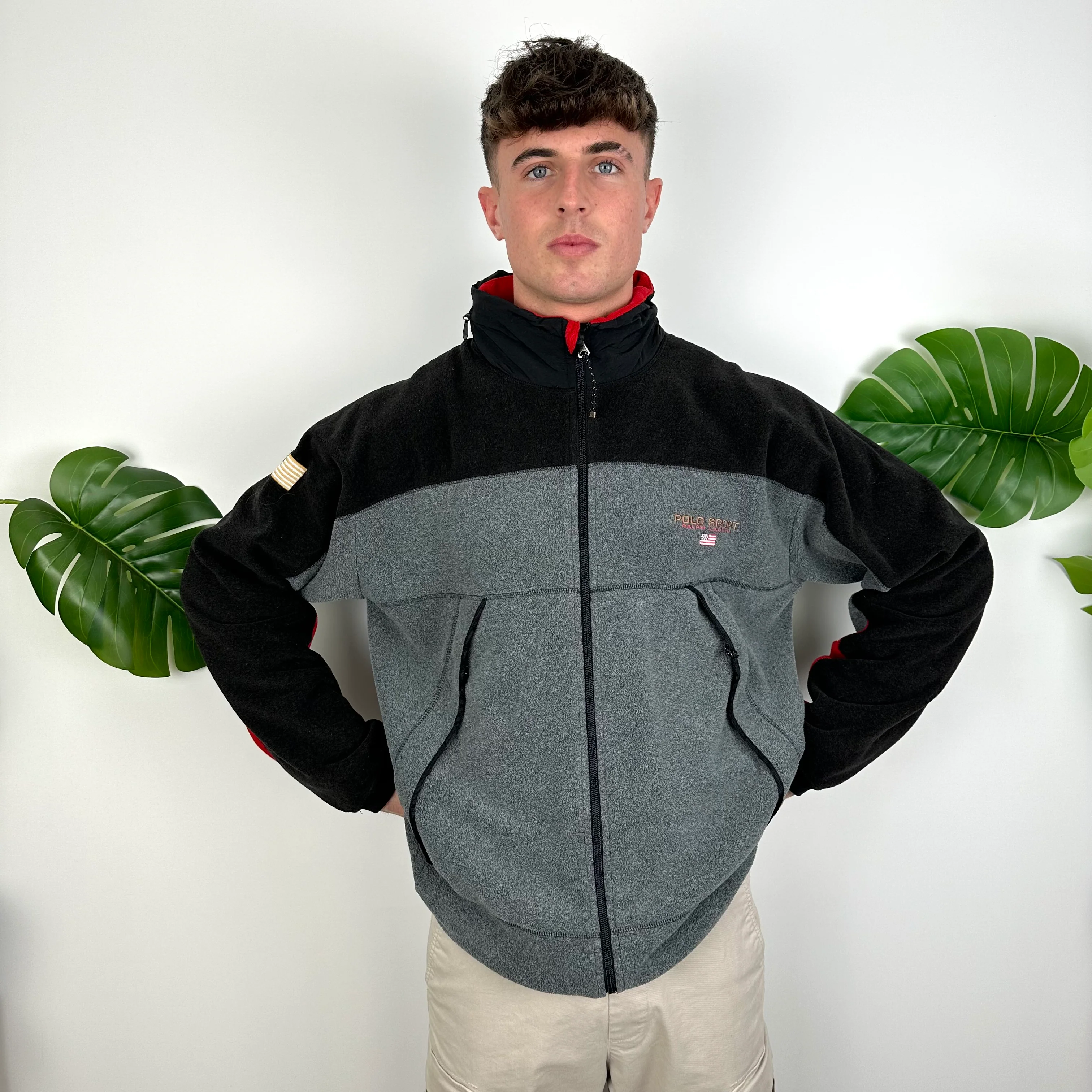 Polo Ralph Lauren Sport Grey & Black Embroidered Spell Out Teddy Bear Fleece Zip Up Jacket (XL) - Image 3