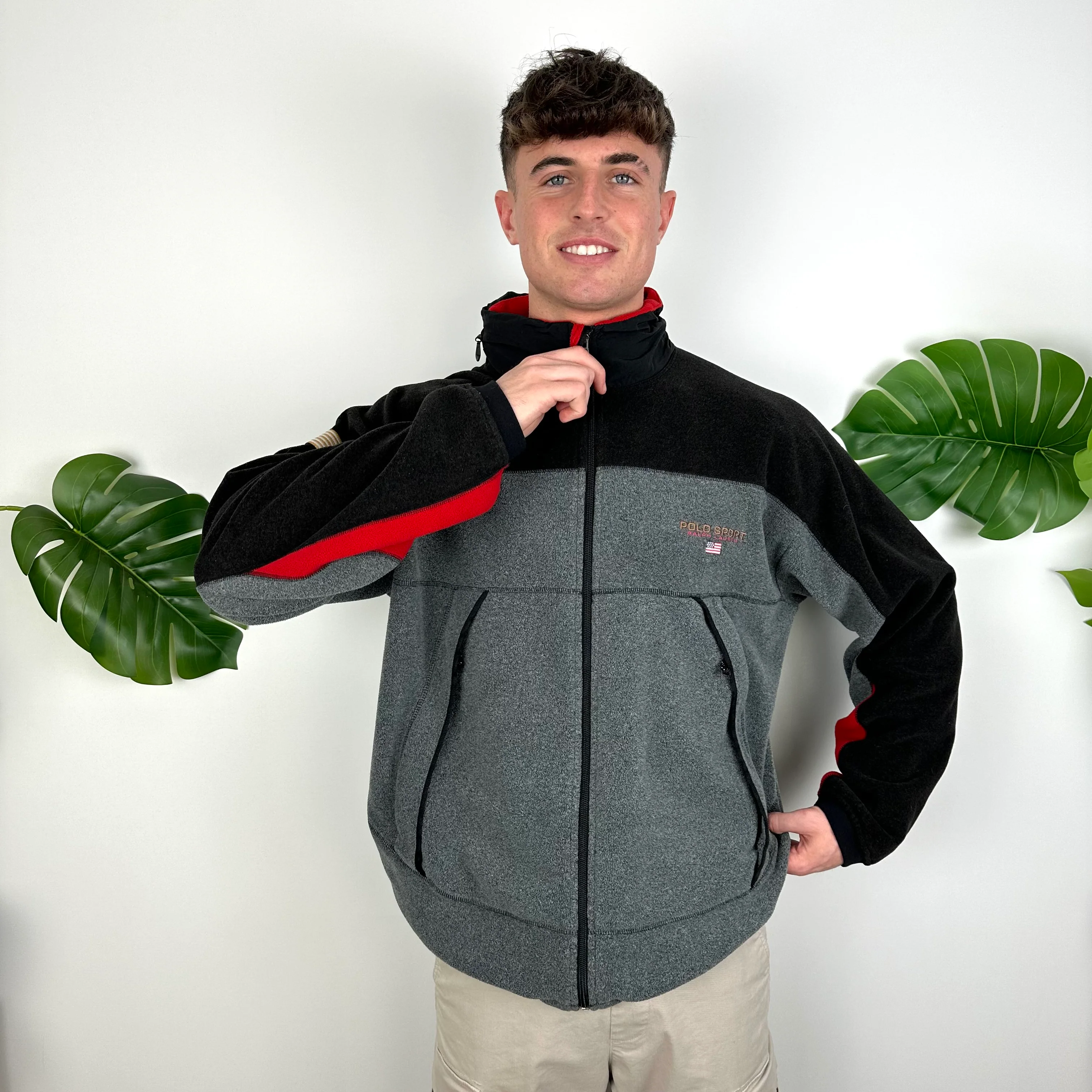 Polo Ralph Lauren Sport Grey & Black Embroidered Spell Out Teddy Bear Fleece Zip Up Jacket (XL) - Image 5