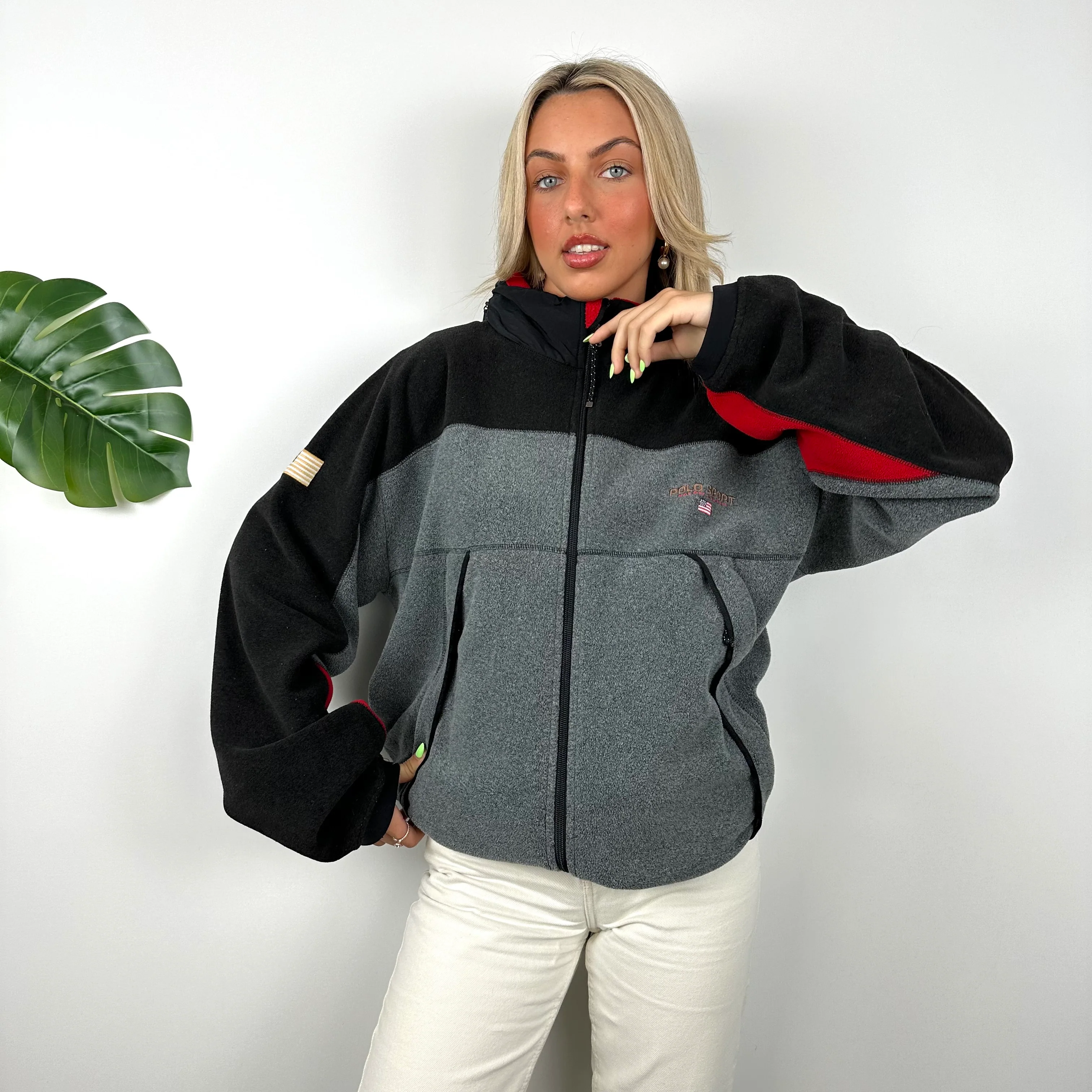 Polo Ralph Lauren Sport Grey & Black Embroidered Spell Out Teddy Bear Fleece Zip Up Jacket (XL) - Image 2