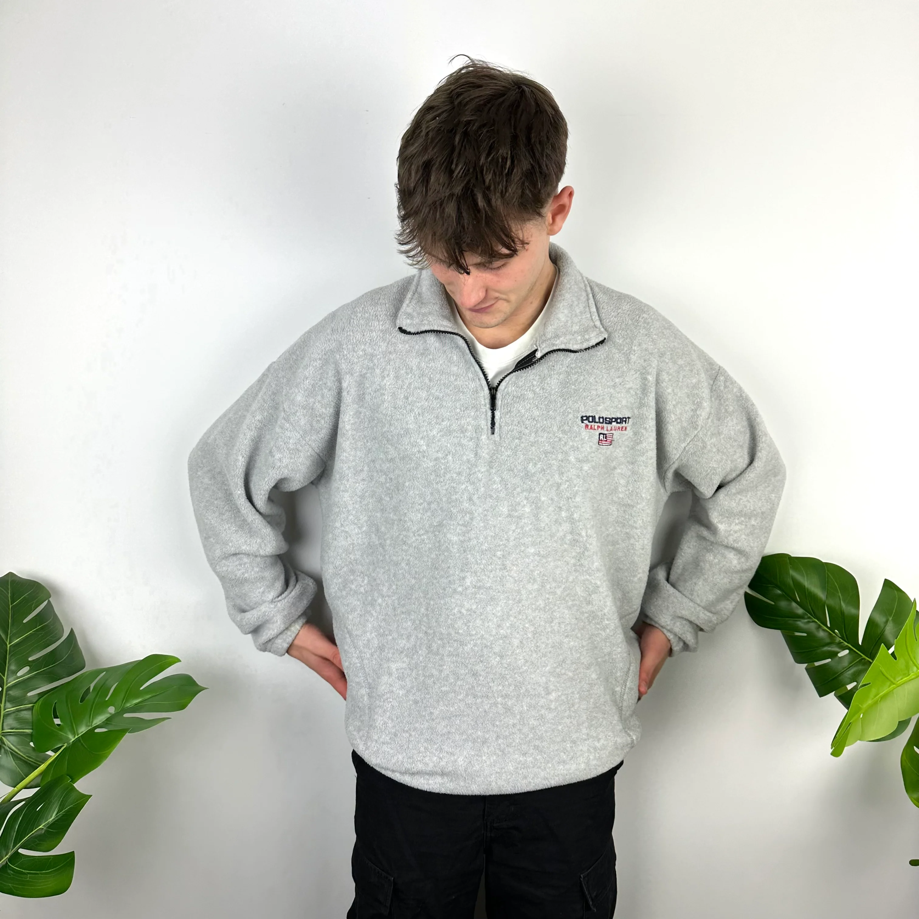 Polo Sport Grey Embroidered Spell Out Teddy Bear Fleece Quarter Zip Sweatshirt (XL) - Image 2