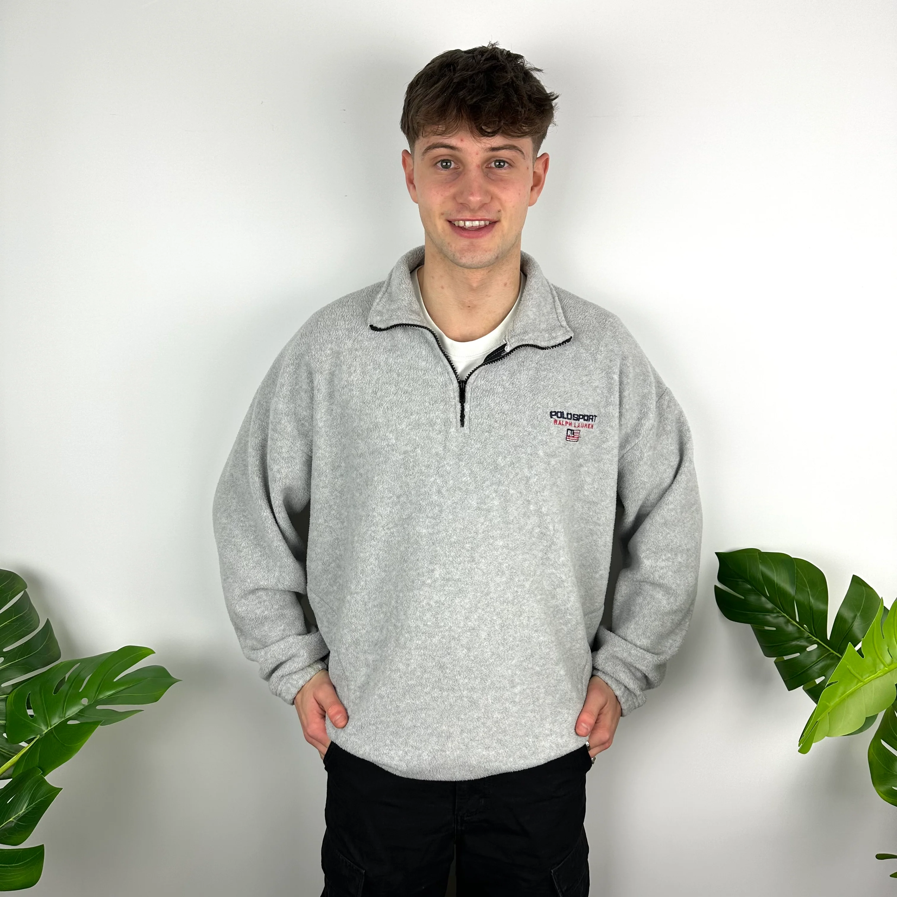 Polo Sport Grey Embroidered Spell Out Teddy Bear Fleece Quarter Zip Sweatshirt (XL) - Image 3
