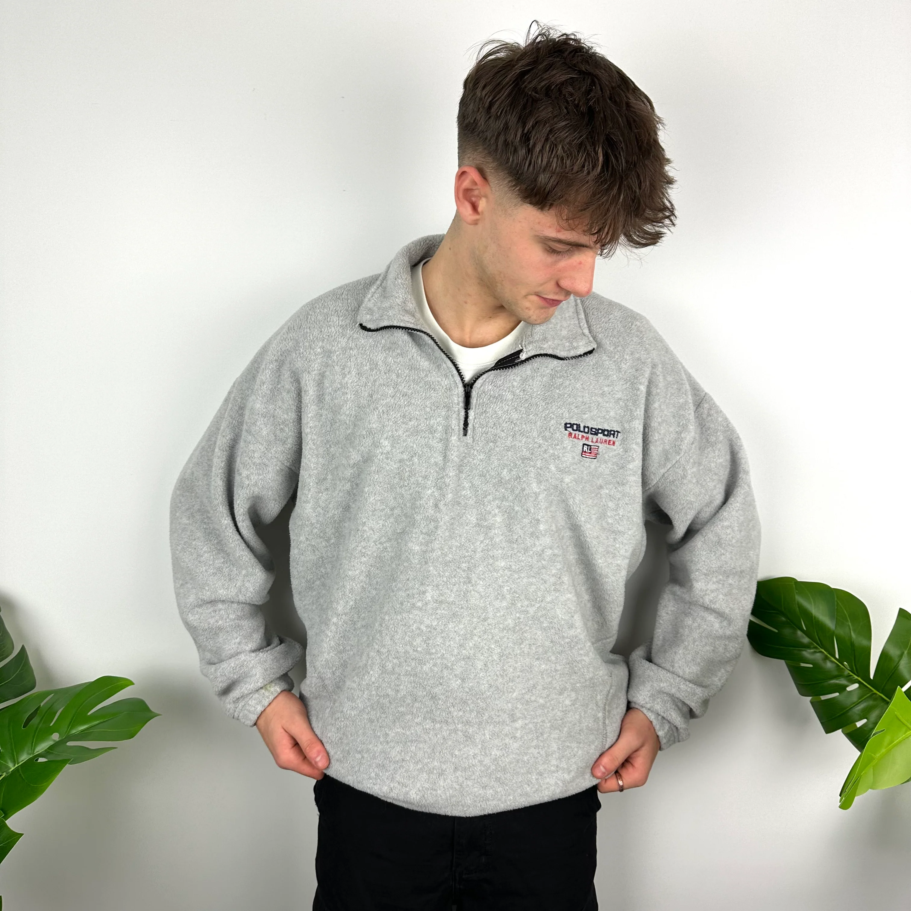 Polo Sport Grey Embroidered Spell Out Teddy Bear Fleece Quarter Zip Sweatshirt (XL) - Image 5