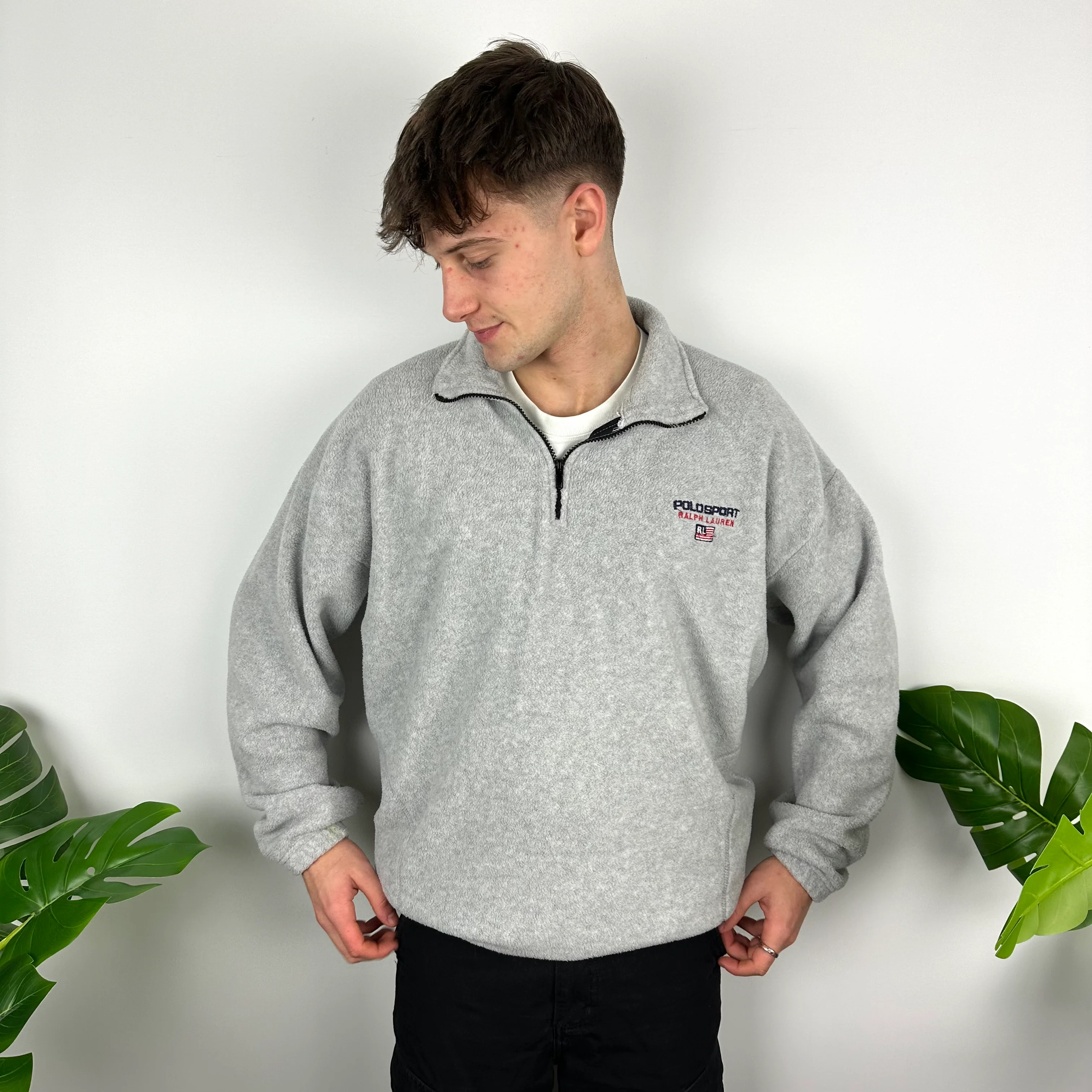 Polo Sport Grey Embroidered Spell Out Teddy Bear Fleece Quarter Zip Sweatshirt (XL) - Image 6