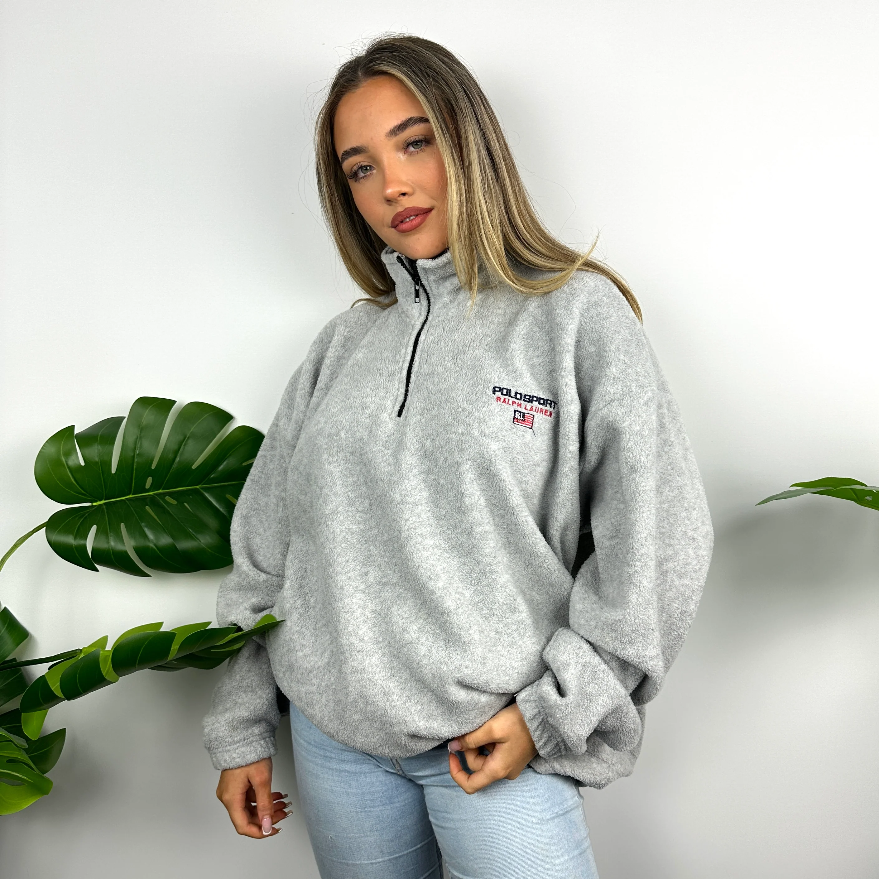 Polo Ralph Lauren Sport Grey Embroidered Spell Out Teddy Bear Fleece Quarter Zip Sweatshirt (XL) - Image 2
