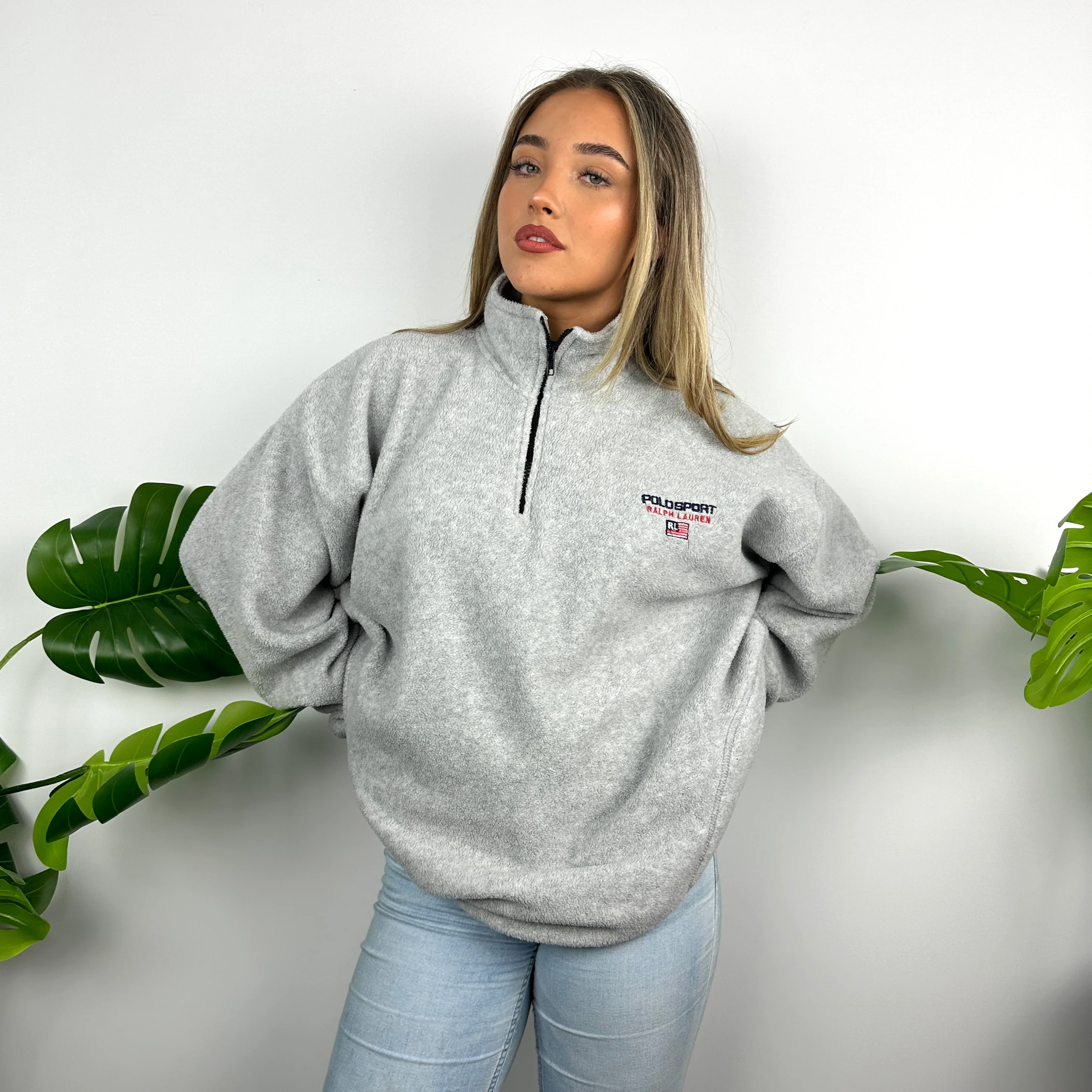 Polo Ralph Lauren Sport Grey Embroidered Spell Out Teddy Bear Fleece Quarter Zip Sweatshirt (XL) - Image 3