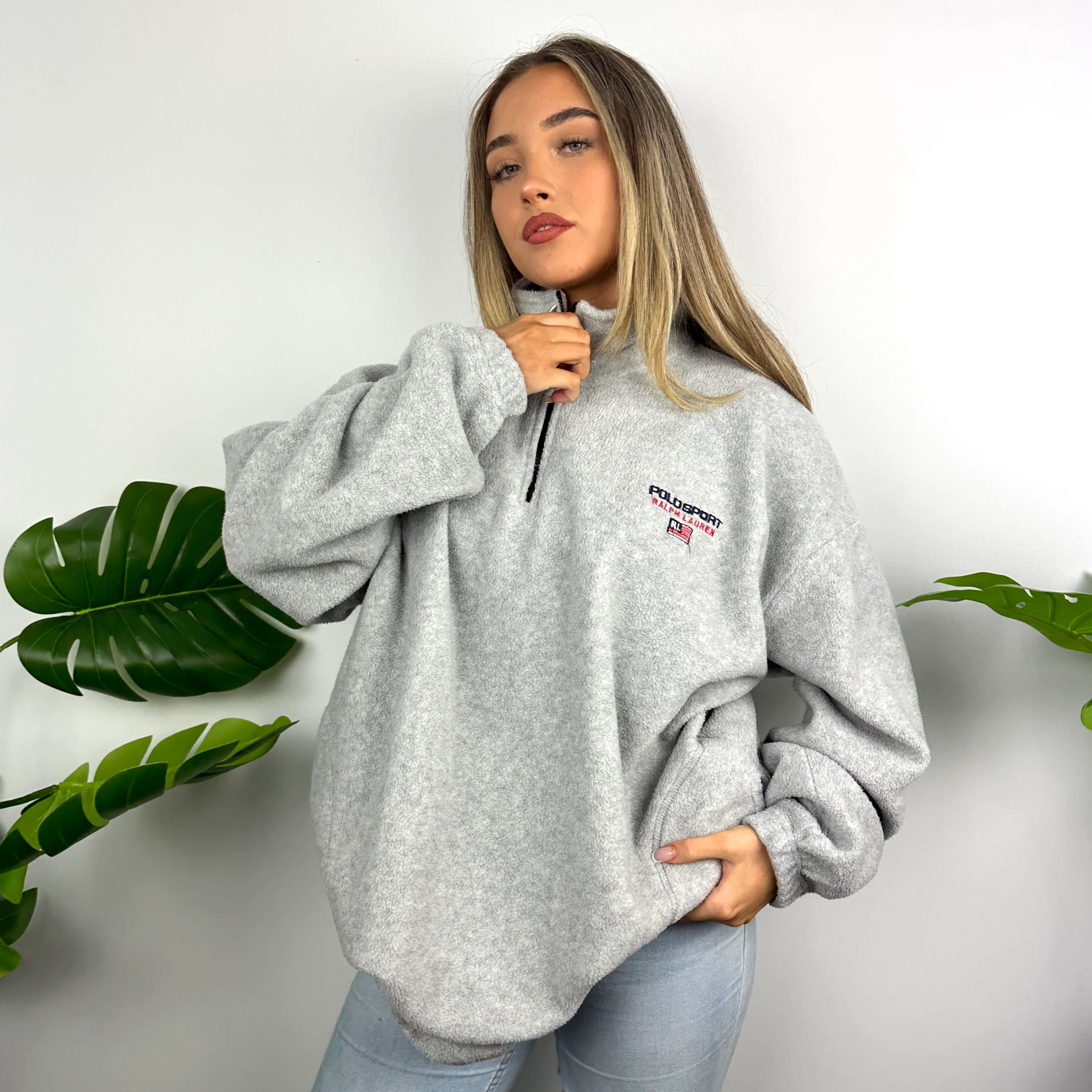 Polo Ralph Lauren Sport Grey Embroidered Spell Out Teddy Bear Fleece Quarter Zip Sweatshirt (XL) - Image 5