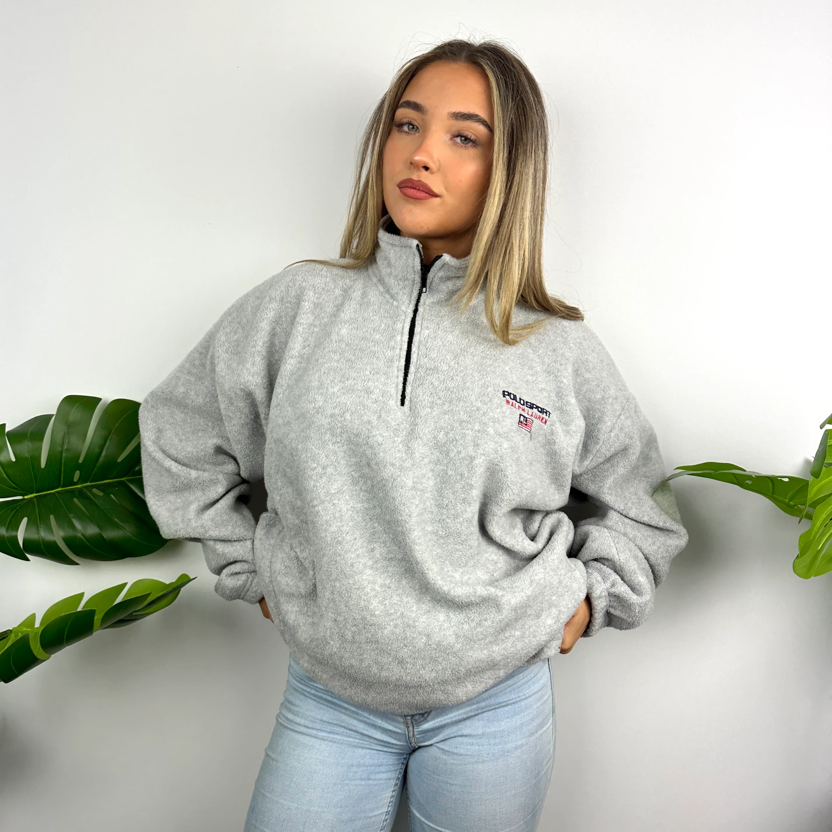 Polo Ralph Lauren Sport Grey Embroidered Spell Out Teddy Bear Fleece Quarter Zip Sweatshirt (XL) - Image 6
