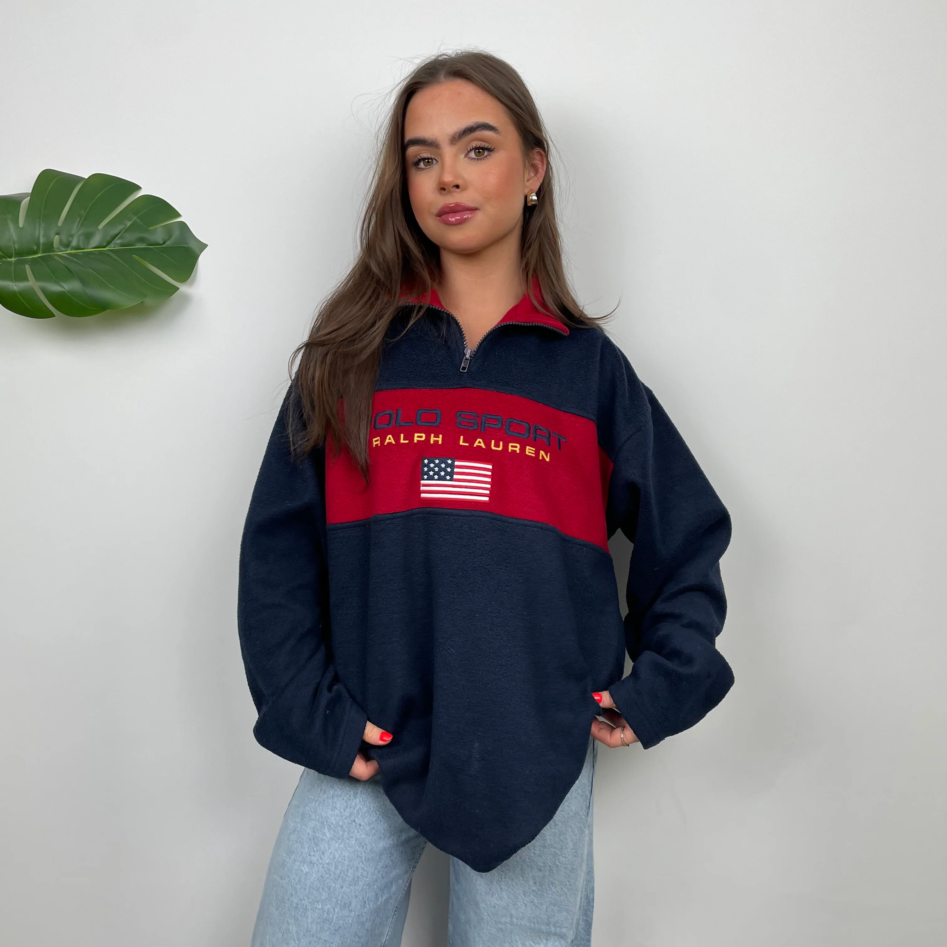 Polo Ralph Lauren Sport Navy Embroidered Spell Out Teddy Bear Fleece Quarter Zip Sweatshirt (L) - Image 2