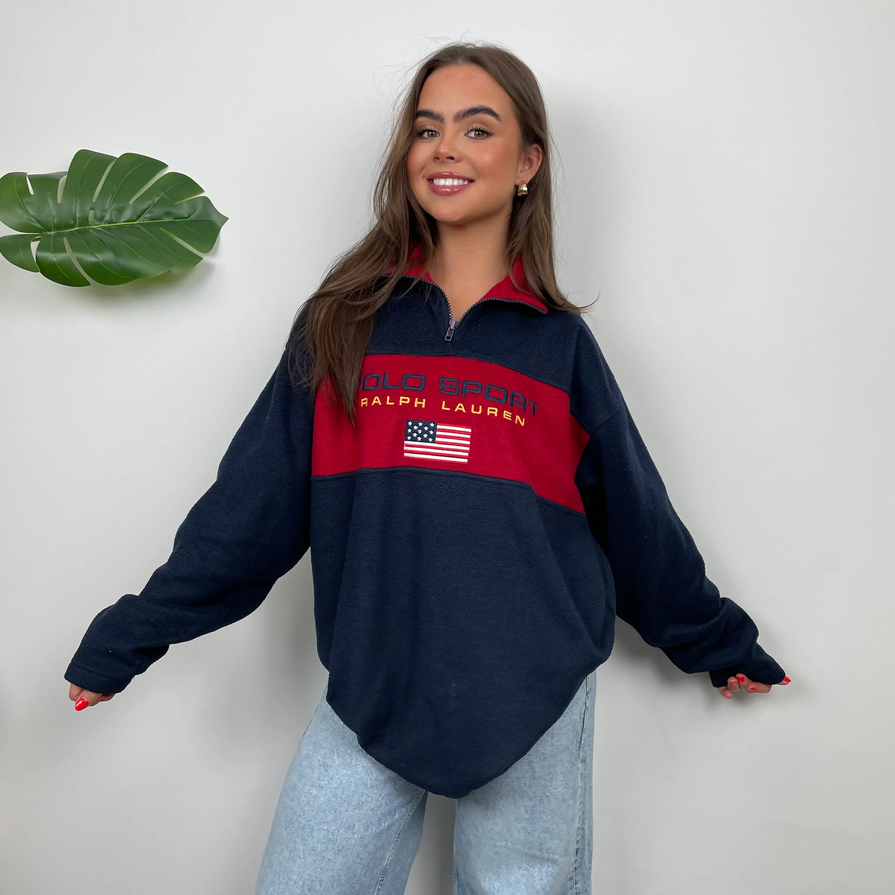 Polo Ralph Lauren Sport Navy Embroidered Spell Out Teddy Bear Fleece Quarter Zip Sweatshirt (L) - Image 3