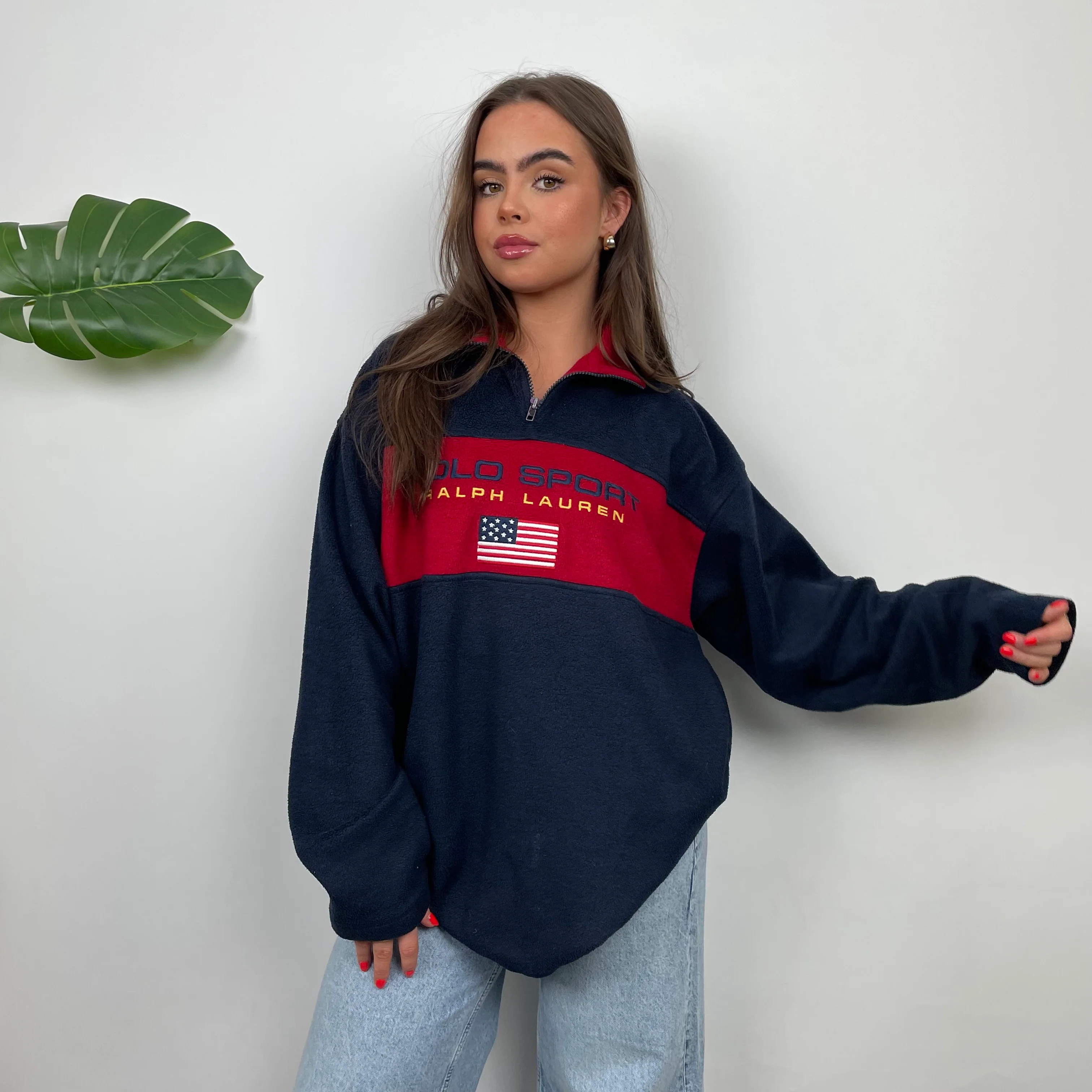 Polo Ralph Lauren Sport Navy Embroidered Spell Out Teddy Bear Fleece Quarter Zip Sweatshirt (L) - Image 4