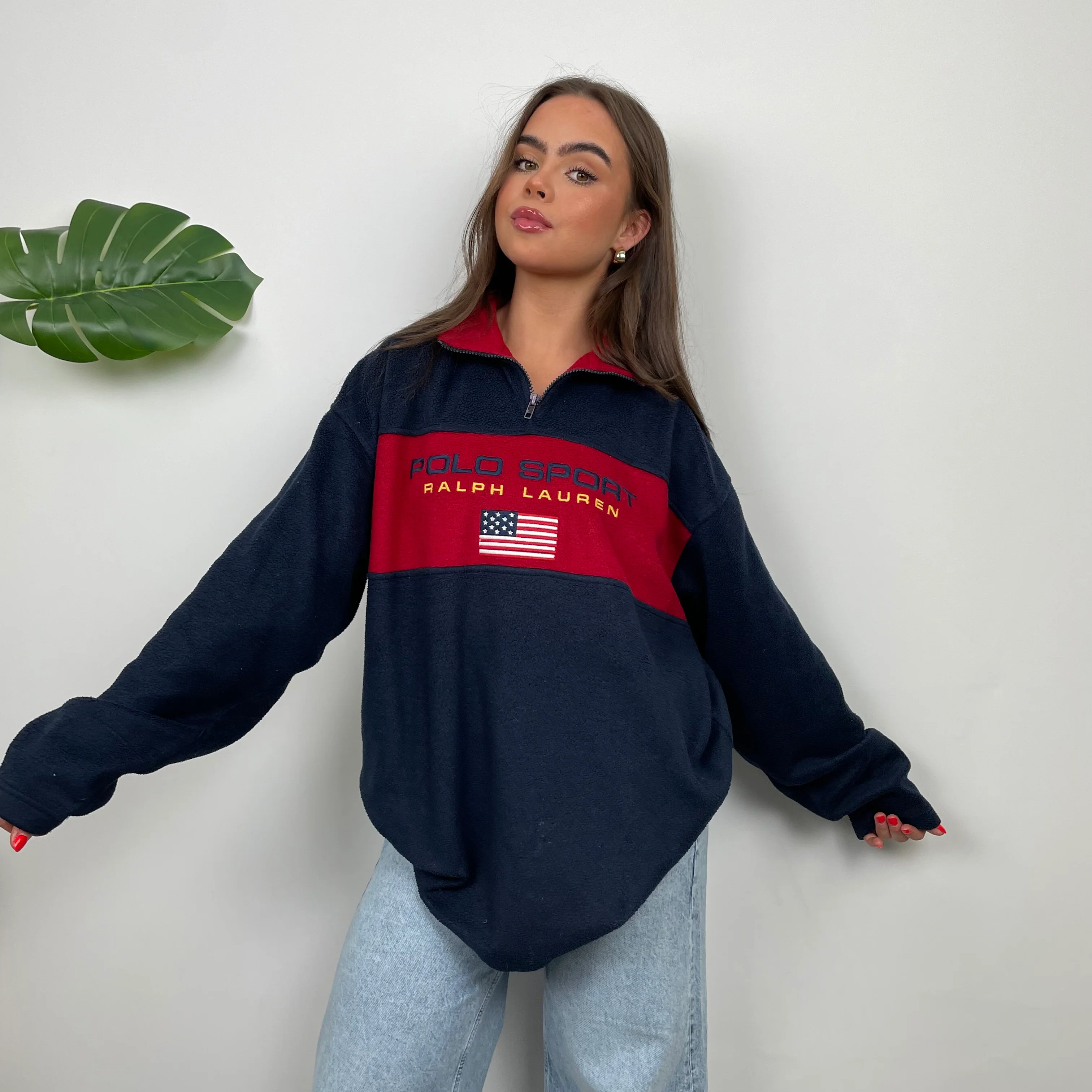 Polo Ralph Lauren Sport Navy Embroidered Spell Out Teddy Bear Fleece Quarter Zip Sweatshirt (L) - Image 5