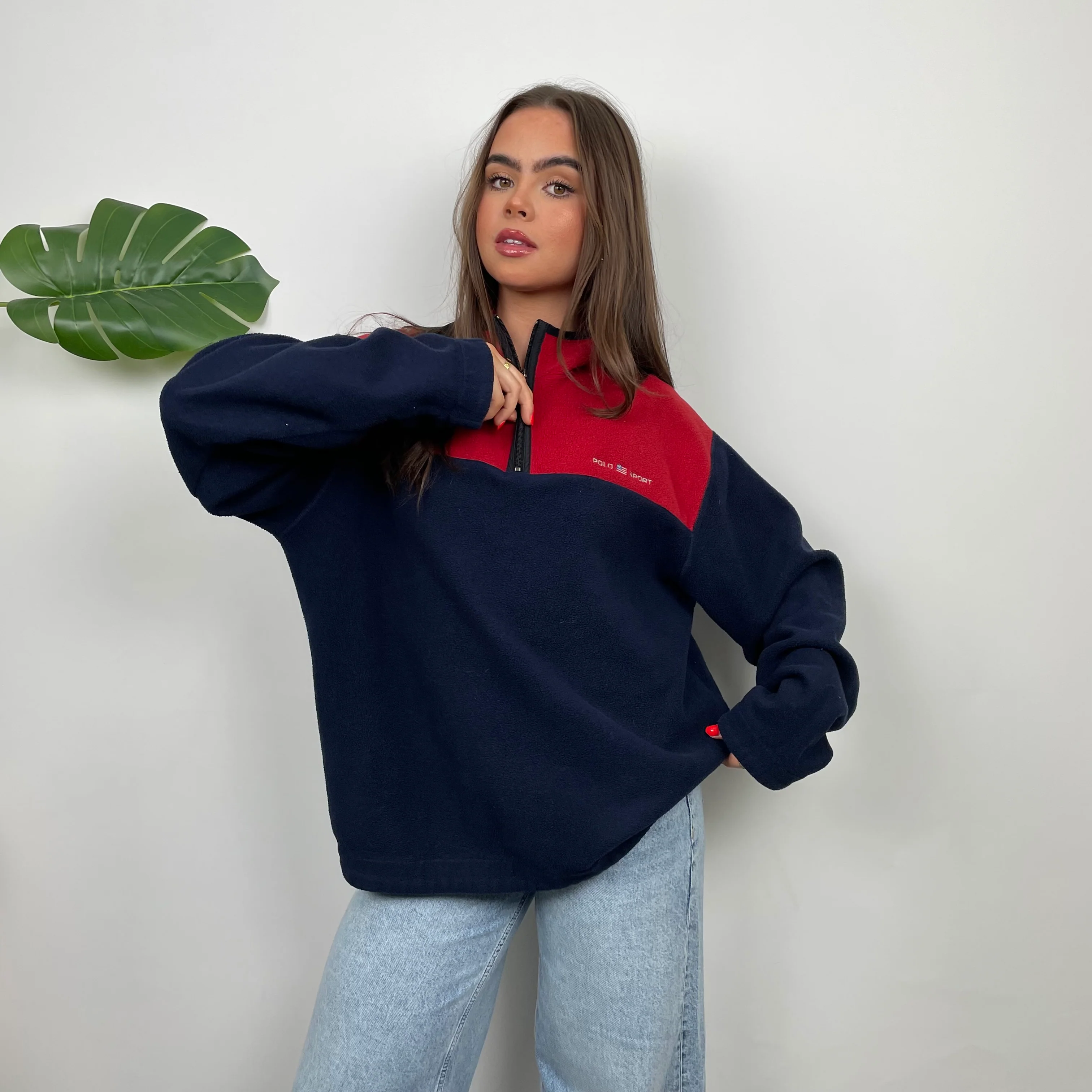 Polo Ralph Lauren Sport Navy Embroidered Spell Out Teddy Bear Fleece Quarter Zip Sweatshirt (M) - Image 2