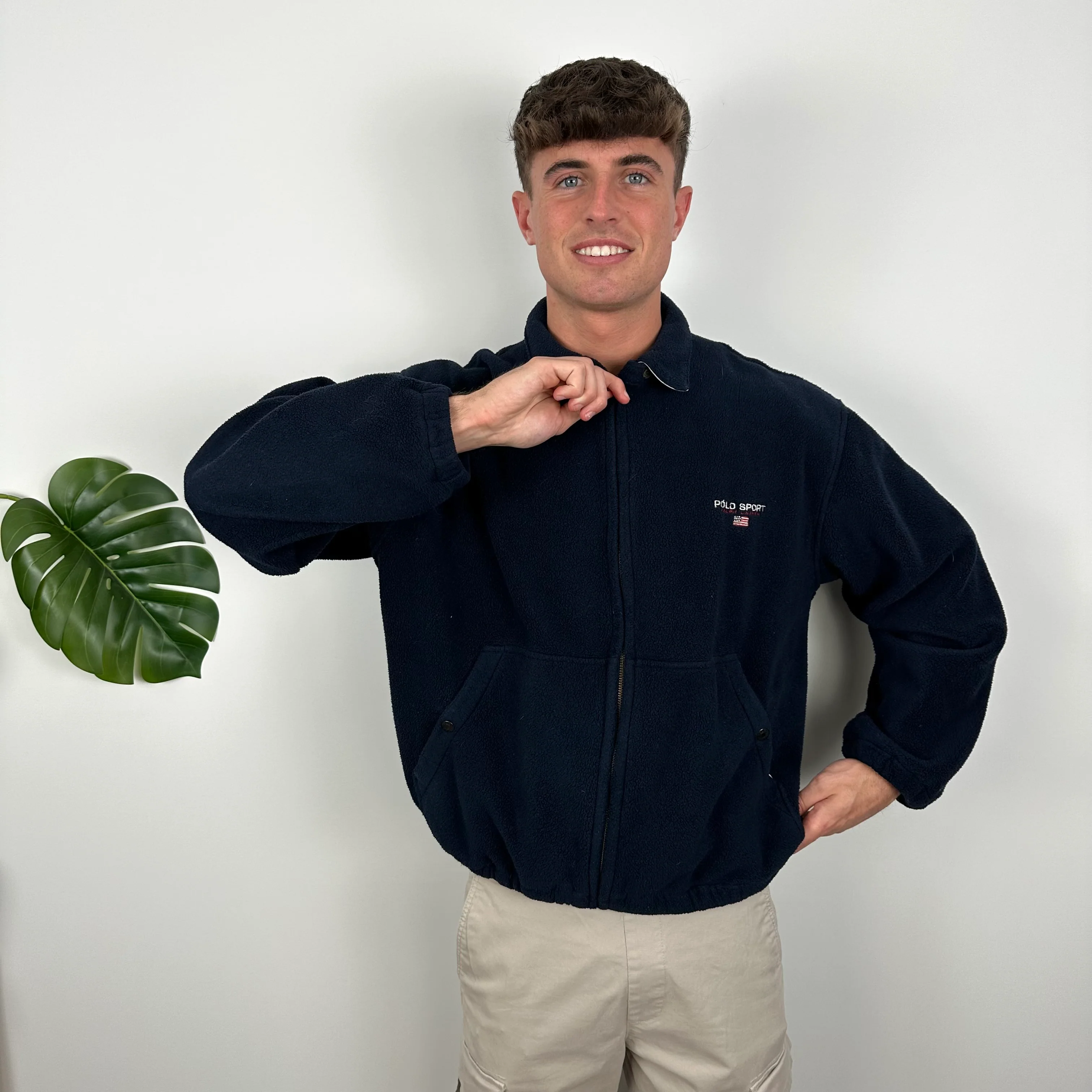 Polo Ralph Lauren Sport Navy Embroidered Spell Out Teddy Bear Fleece Zip Up Jacket (M) - Image 2