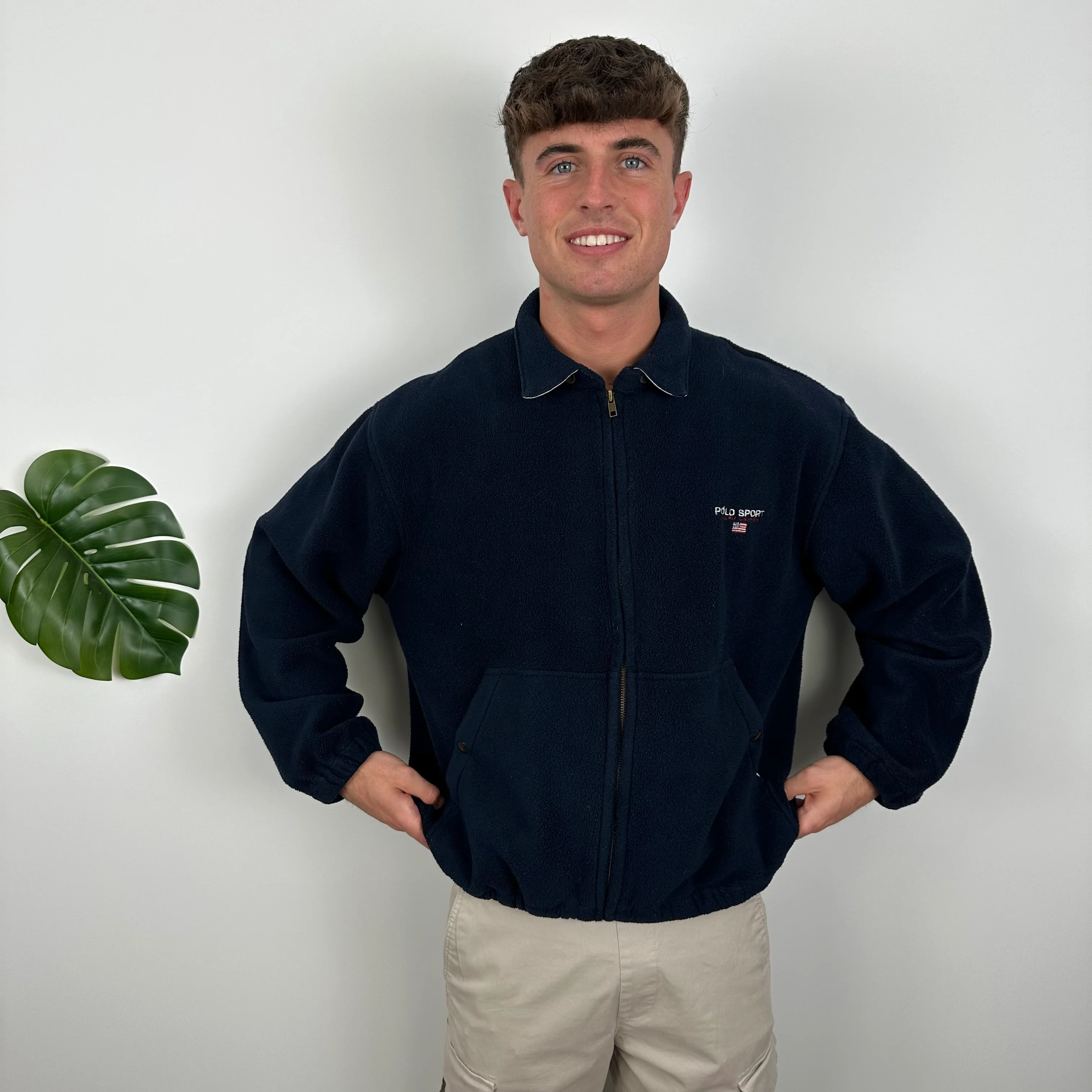 Polo Ralph Lauren Sport Navy Embroidered Spell Out Teddy Bear Fleece Zip Up Jacket (M) - Image 3