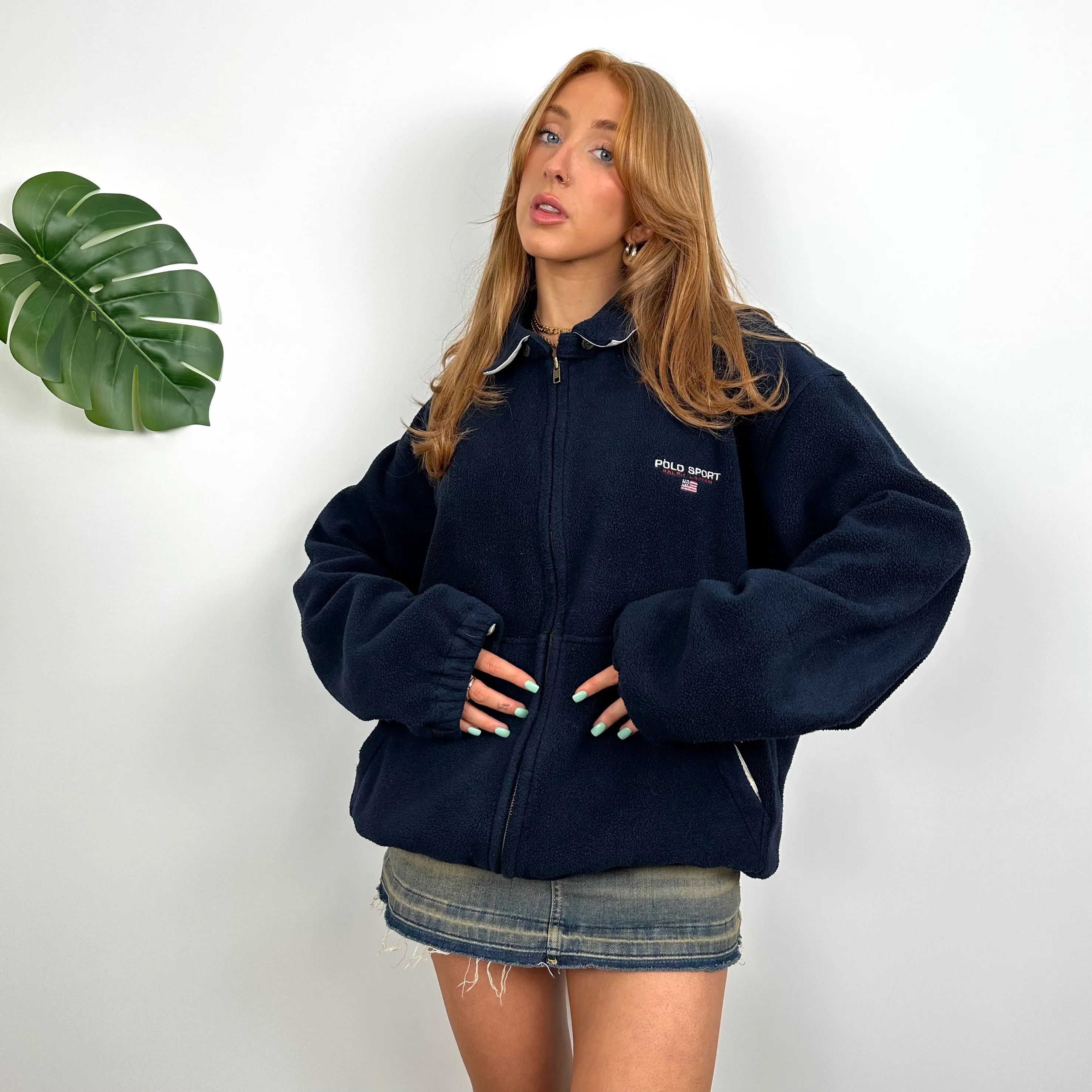 Polo Ralph Lauren Sport Navy Embroidered Spell Out Teddy Bear Fleece Zip Up Jacket (M) - Image 2