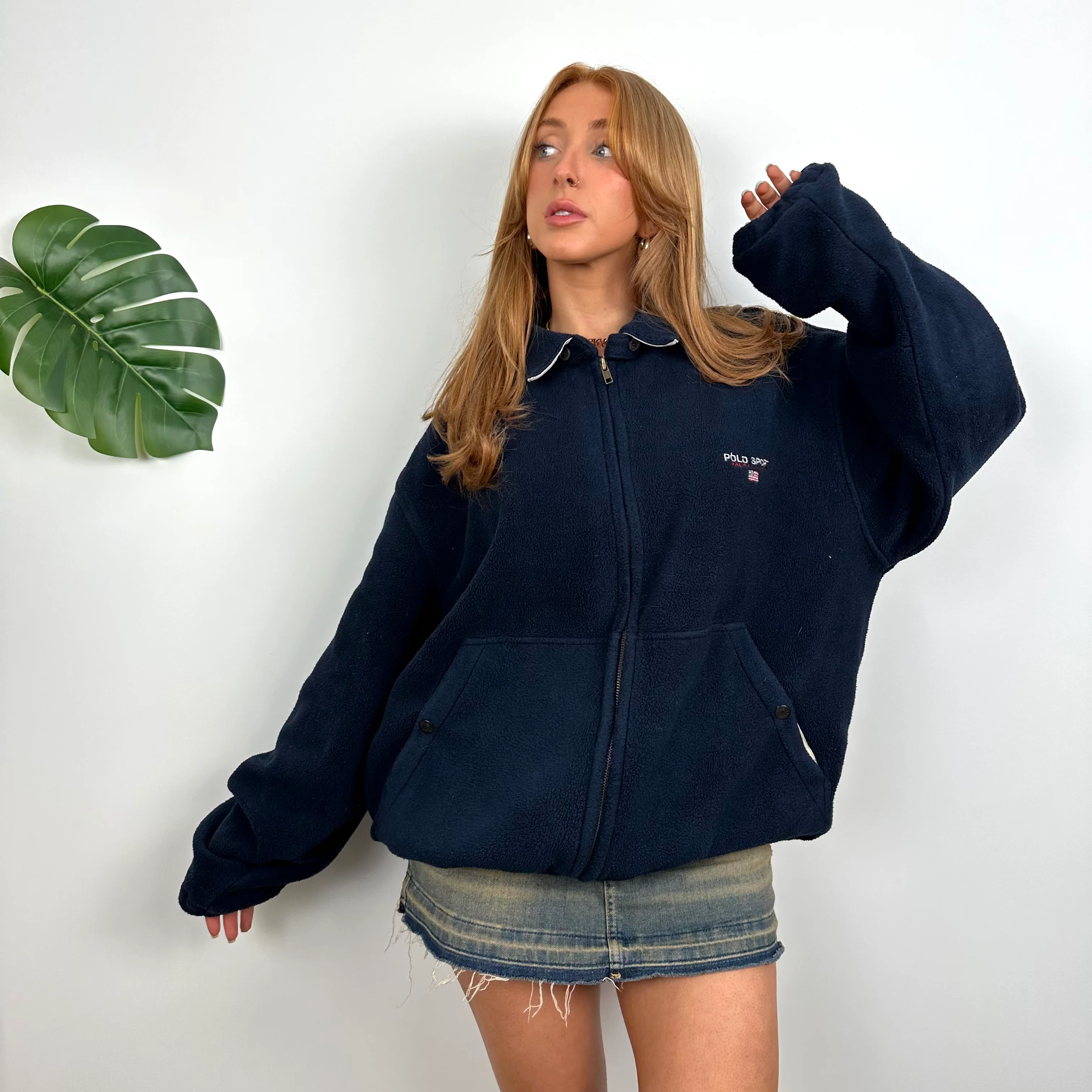 Polo Ralph Lauren Sport Navy Embroidered Spell Out Teddy Bear Fleece Zip Up Jacket (M) - Image 3