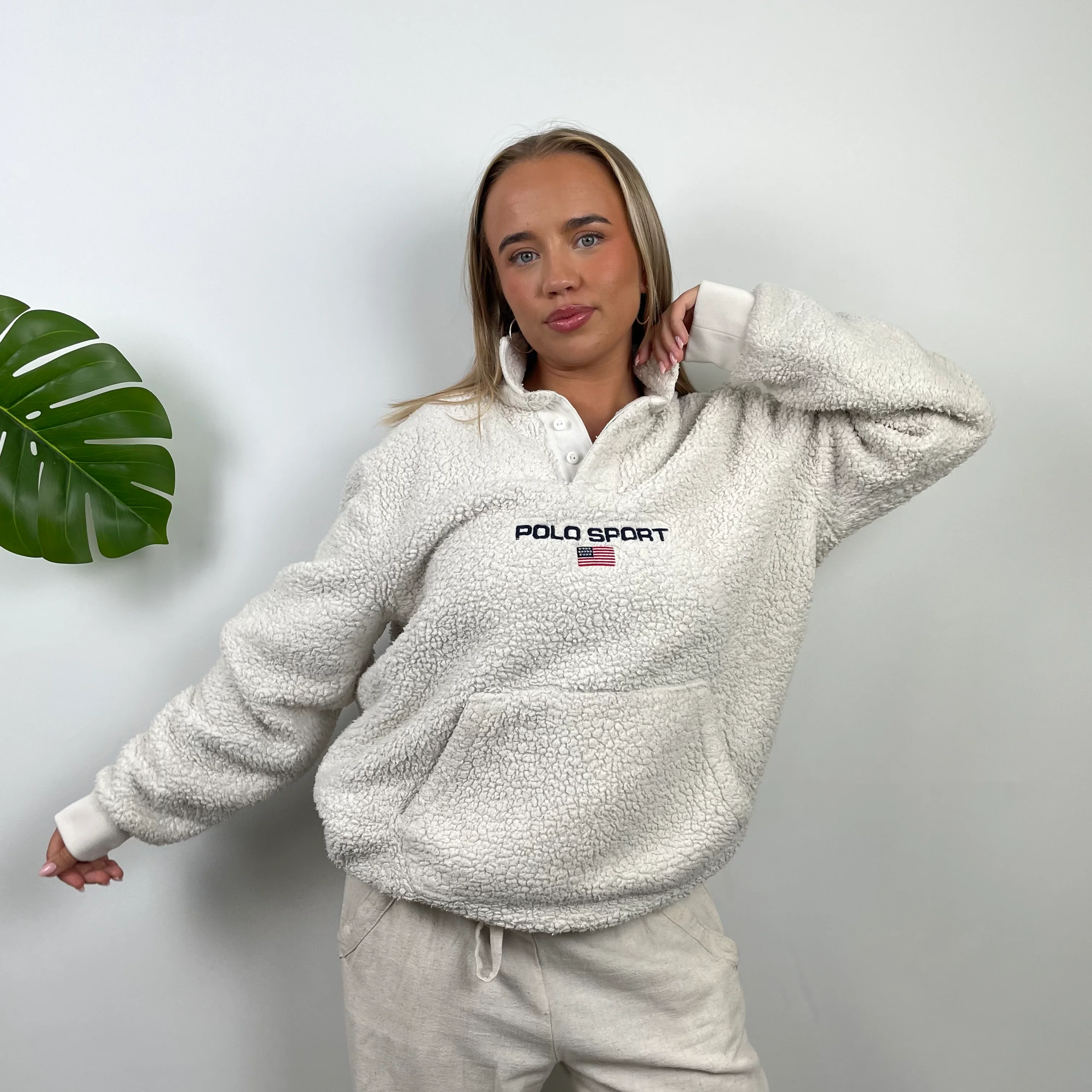 Polo Ralph Lauren Sport RARE Cream Embroidered Spell Out Teddy Bear Fleece Button Up Sweatshirt (L)