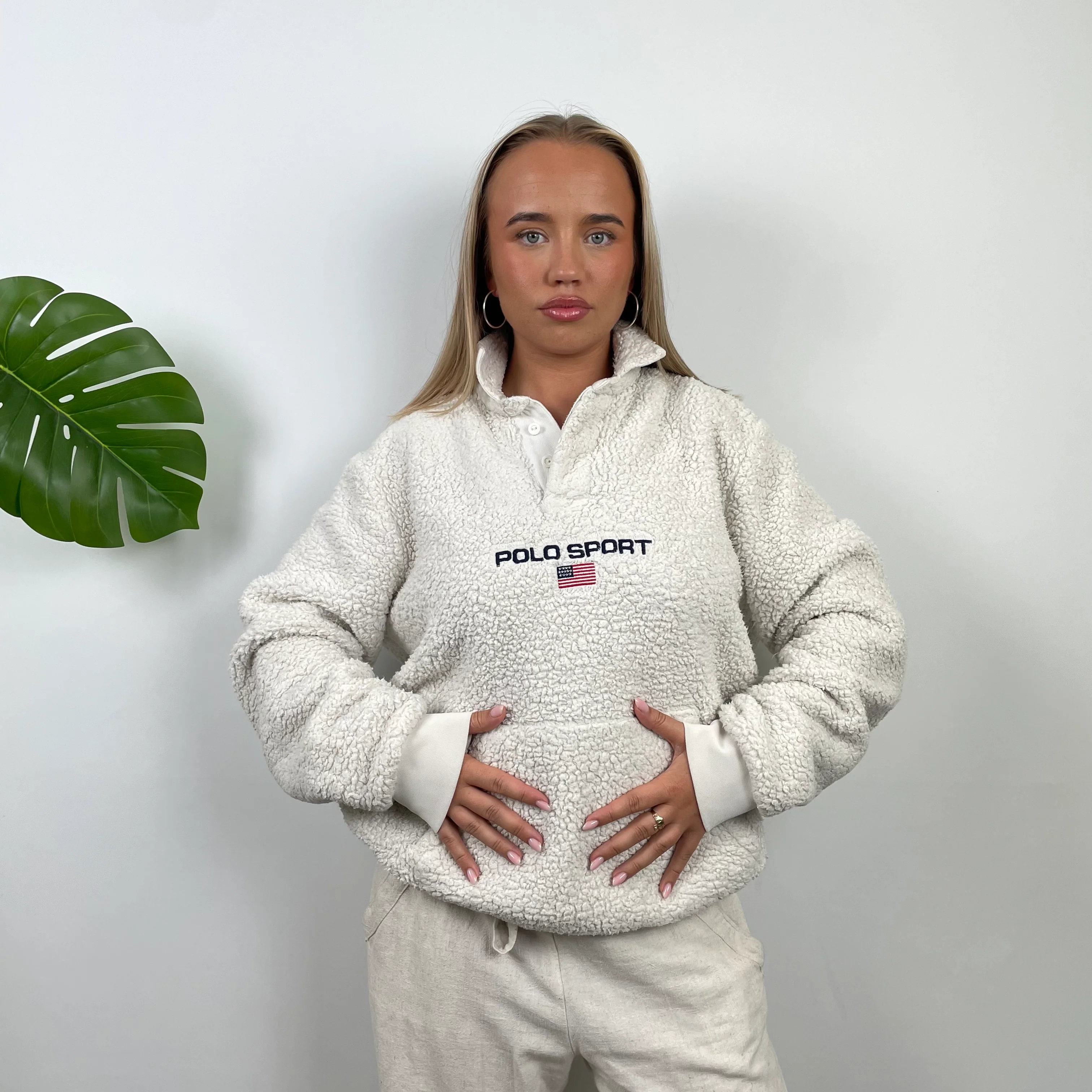 Polo Ralph Lauren Sport RARE Cream Embroidered Spell Out Teddy Bear Fleece Button Up Sweatshirt (L) - Image 2