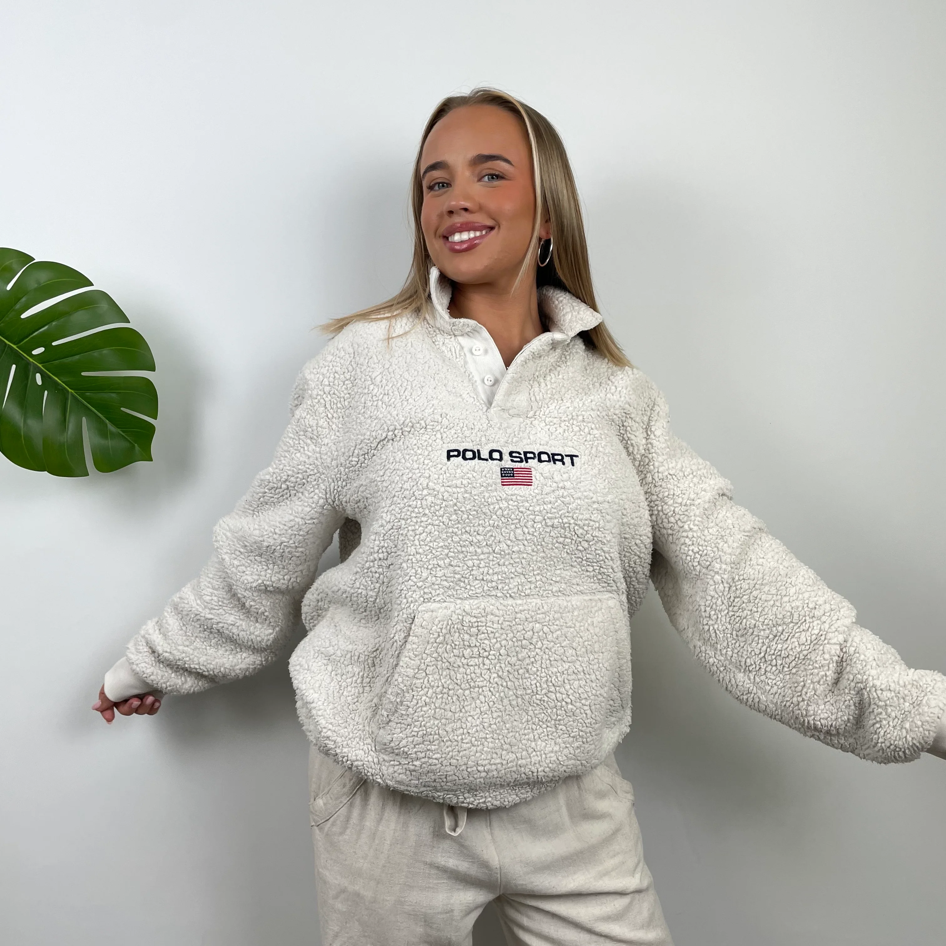 Polo Ralph Lauren Sport RARE Cream Embroidered Spell Out Teddy Bear Fleece Button Up Sweatshirt (L) - Image 3