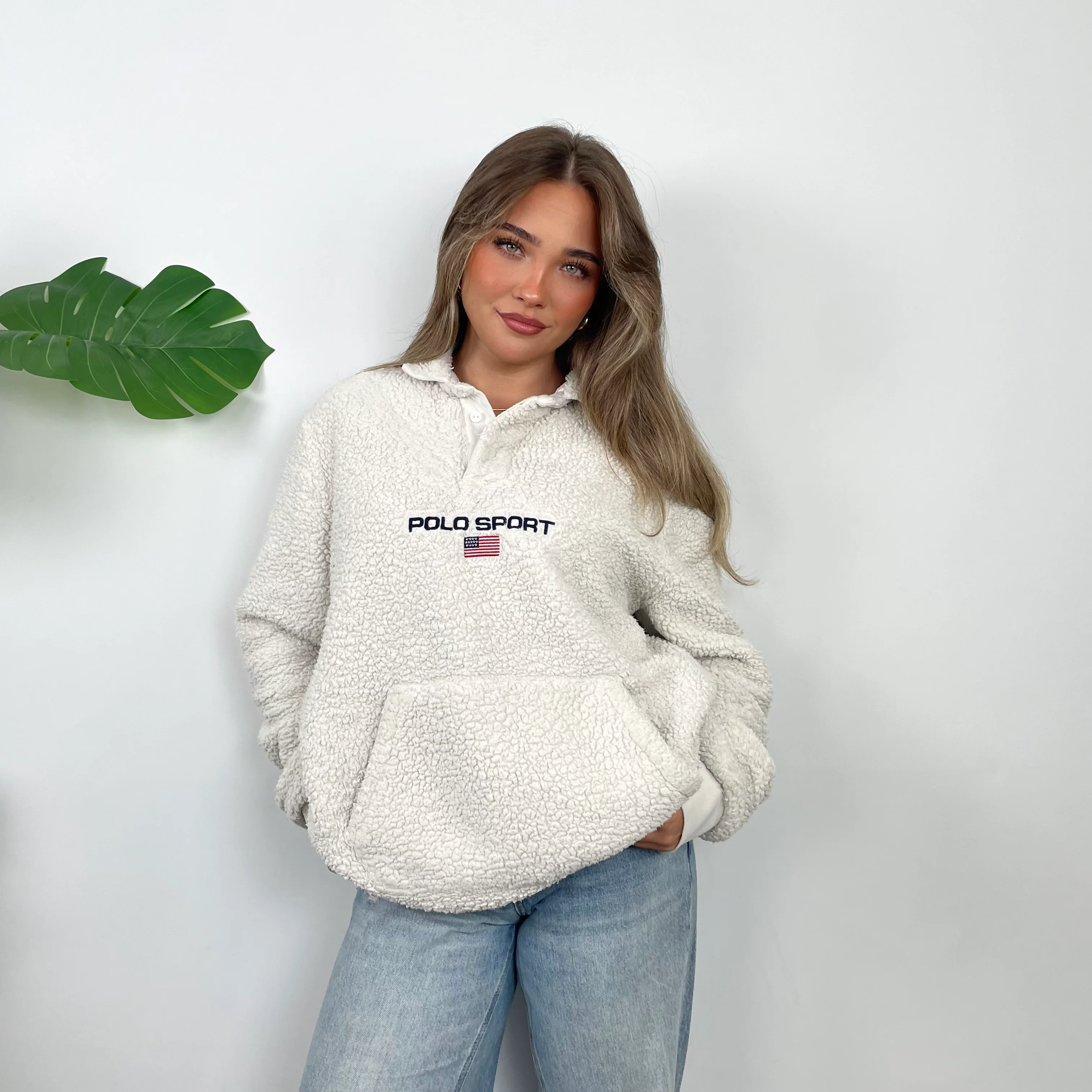 Polo Ralph Lauren Sport RARE Cream Embroidered Spell Out Teddy Bear Fleece Button Up Sweatshirt (L)