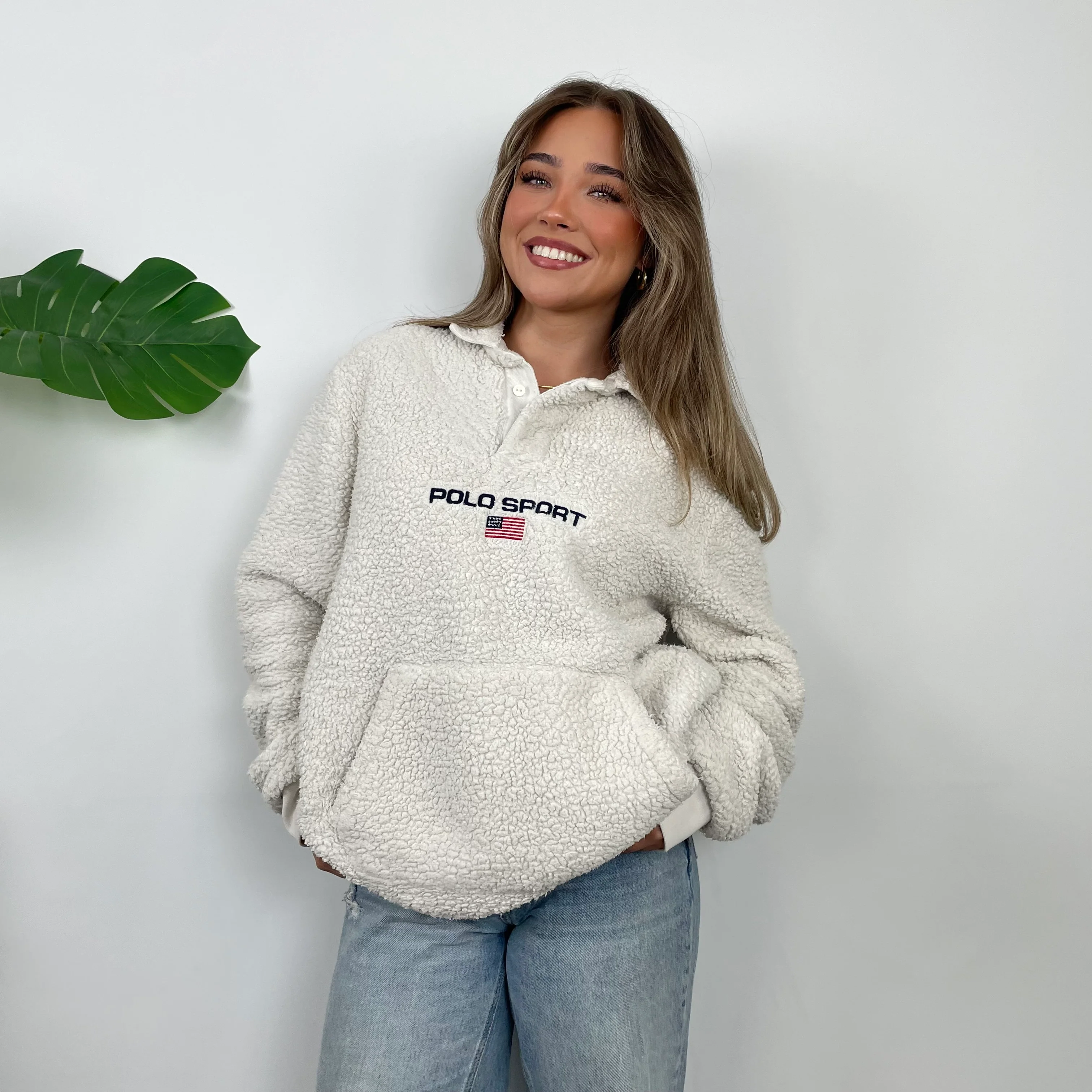 Polo Ralph Lauren Sport RARE Cream Embroidered Spell Out Teddy Bear Fleece Button Up Sweatshirt (L) - Image 2