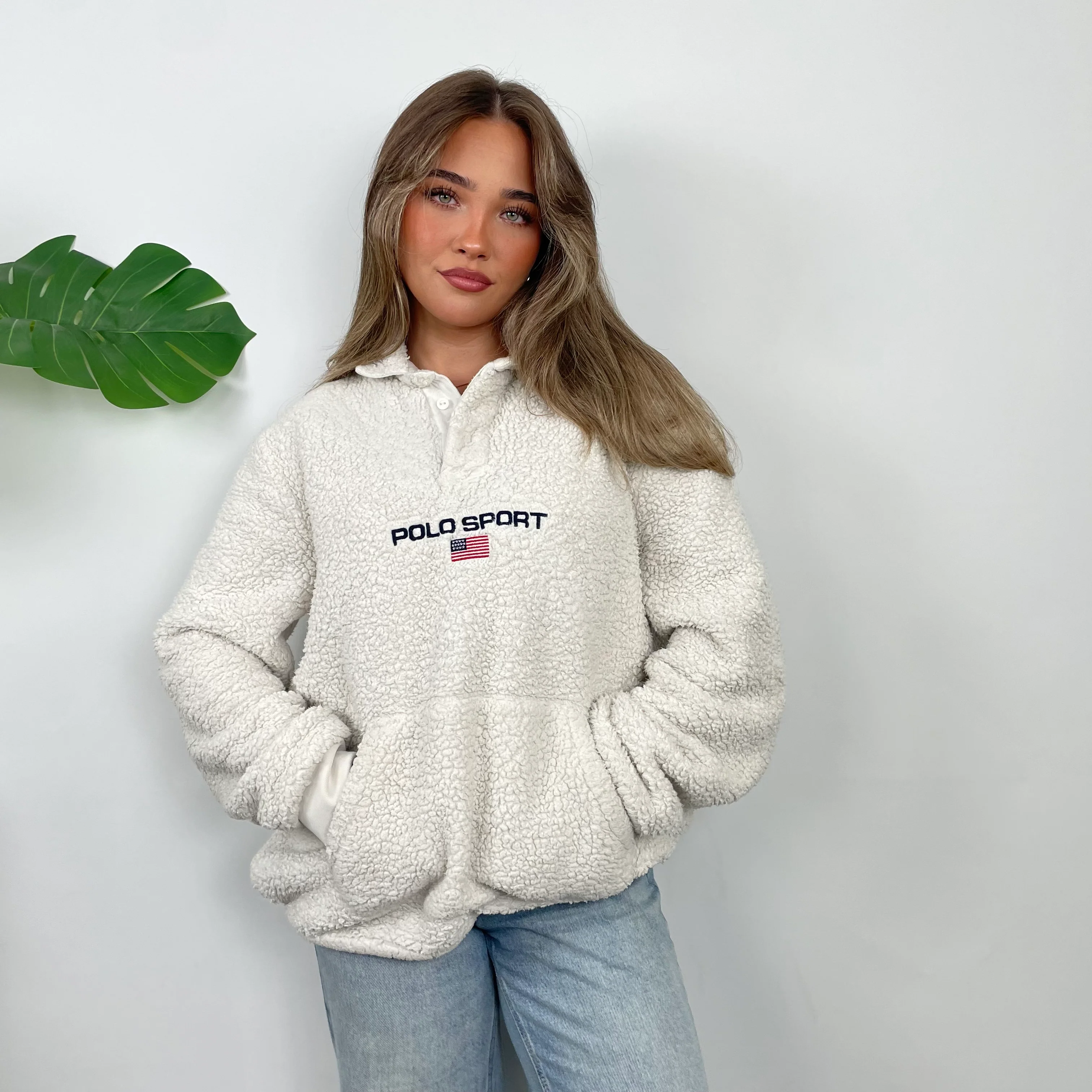 Polo Ralph Lauren Sport RARE Cream Embroidered Spell Out Teddy Bear Fleece Button Up Sweatshirt (L) - Image 3