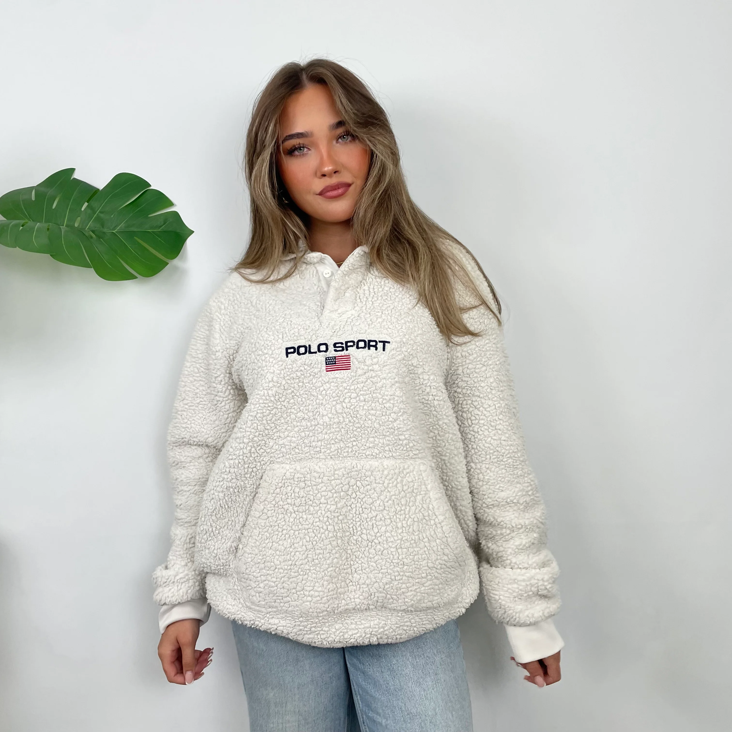 Polo Ralph Lauren Sport RARE Cream Embroidered Spell Out Teddy Bear Fleece Button Up Sweatshirt (L) - Image 5