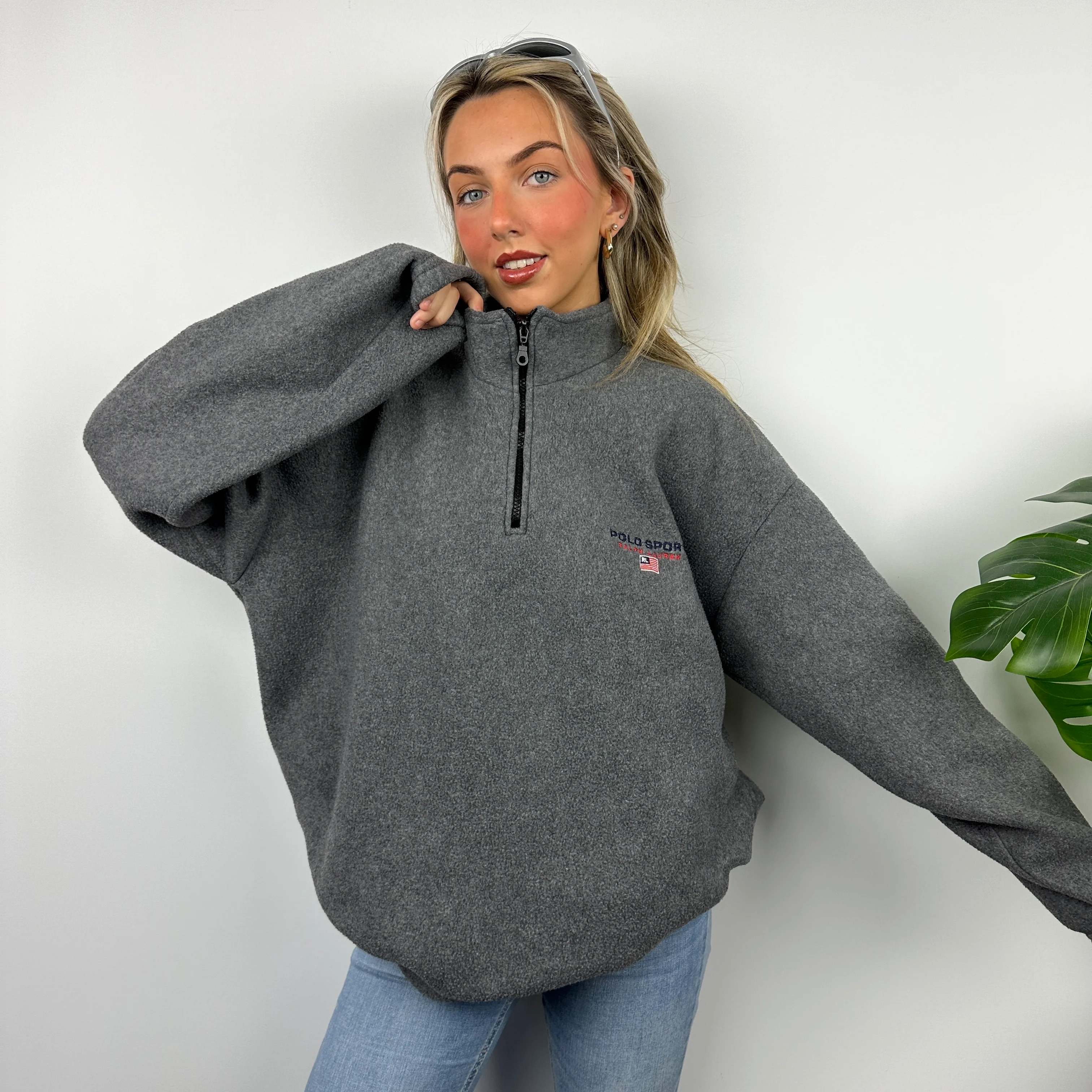 Polo Ralph Lauren Sport RARE Grey Embroidered Spell Out Teddy Bear Fleece Quarter Zip Sweatshirt (XL) - Image 2