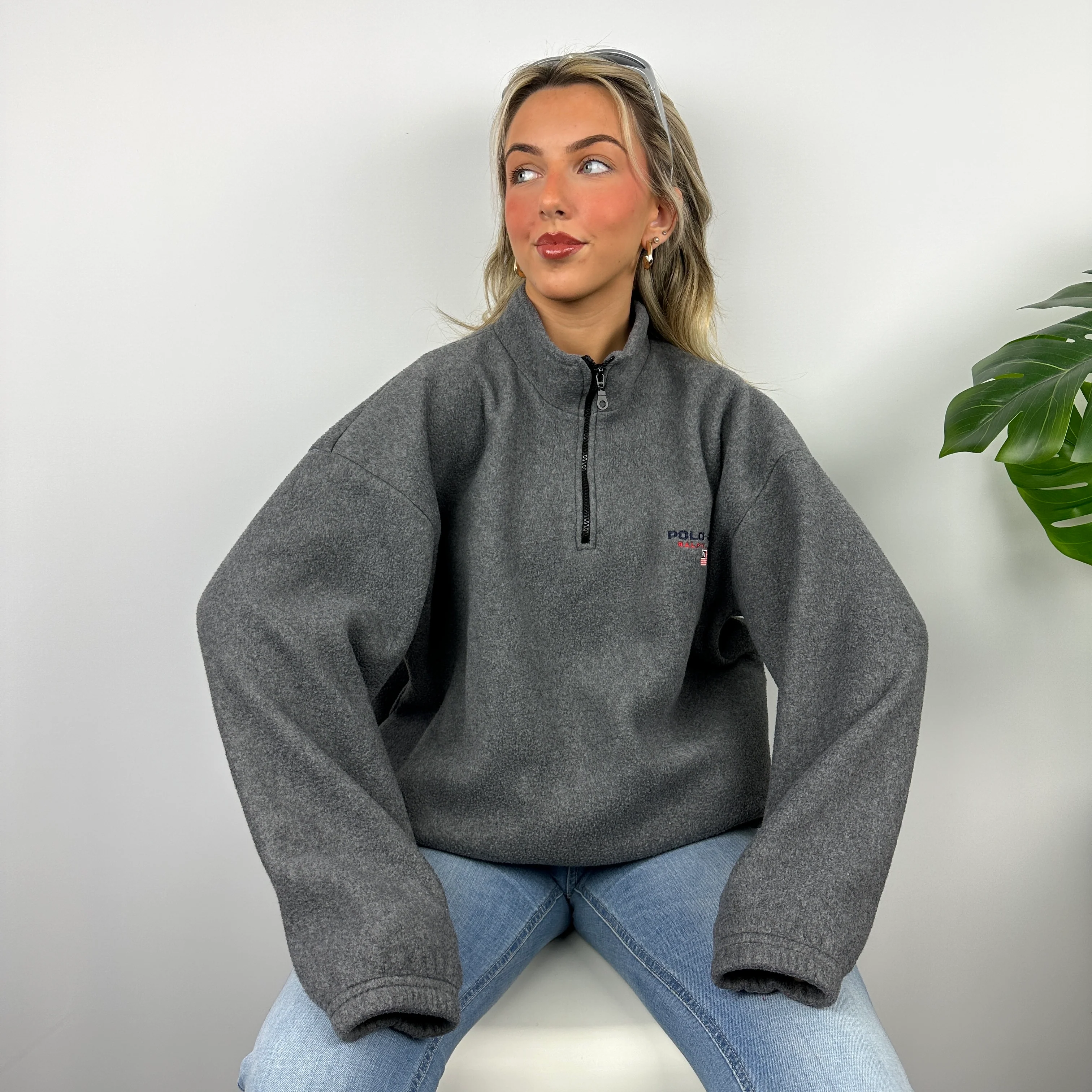 Polo Ralph Lauren Sport RARE Grey Embroidered Spell Out Teddy Bear Fleece Quarter Zip Sweatshirt (XL) - Image 3